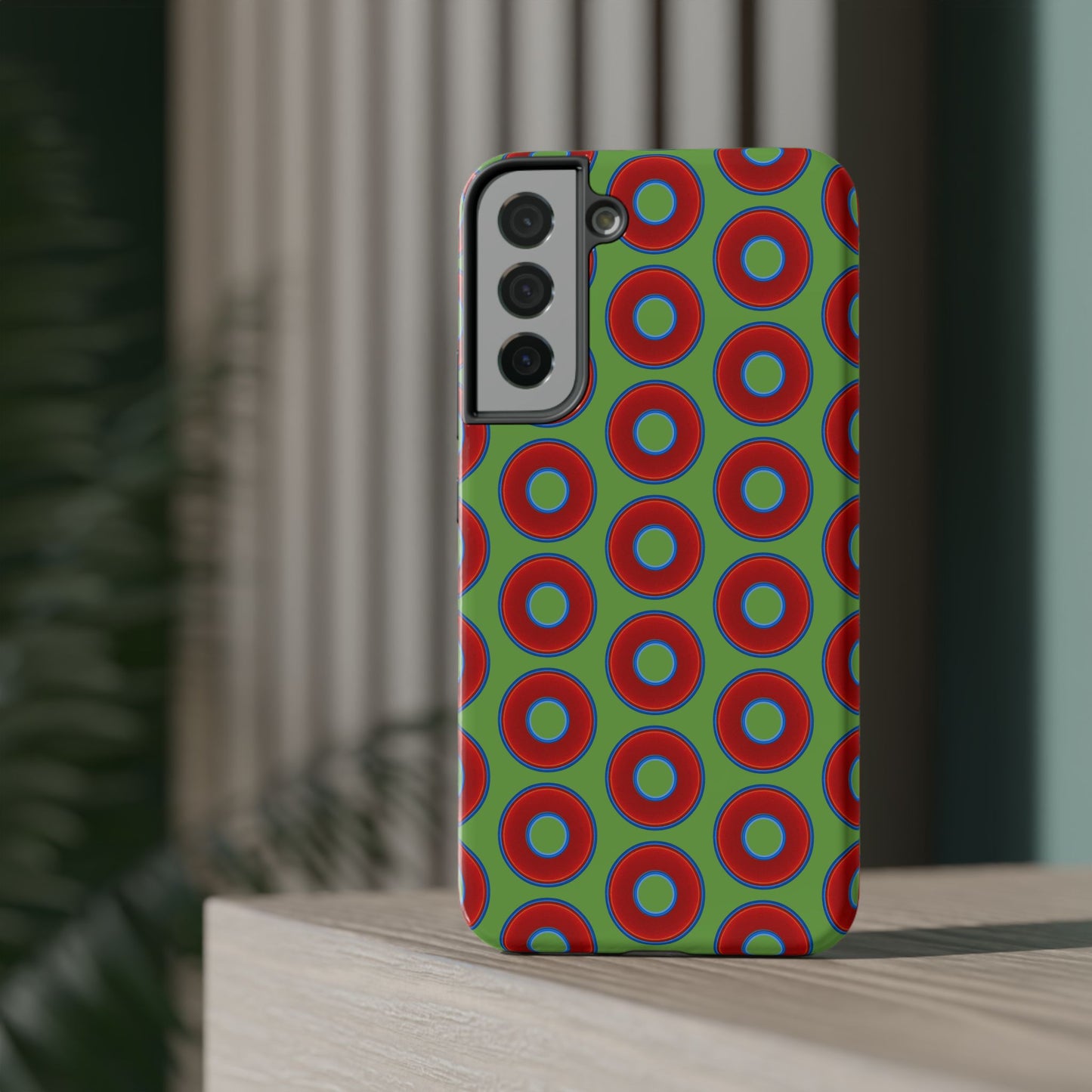 Impact-Resistant Lumpy Donut Case - red vivid donut print w/light green background