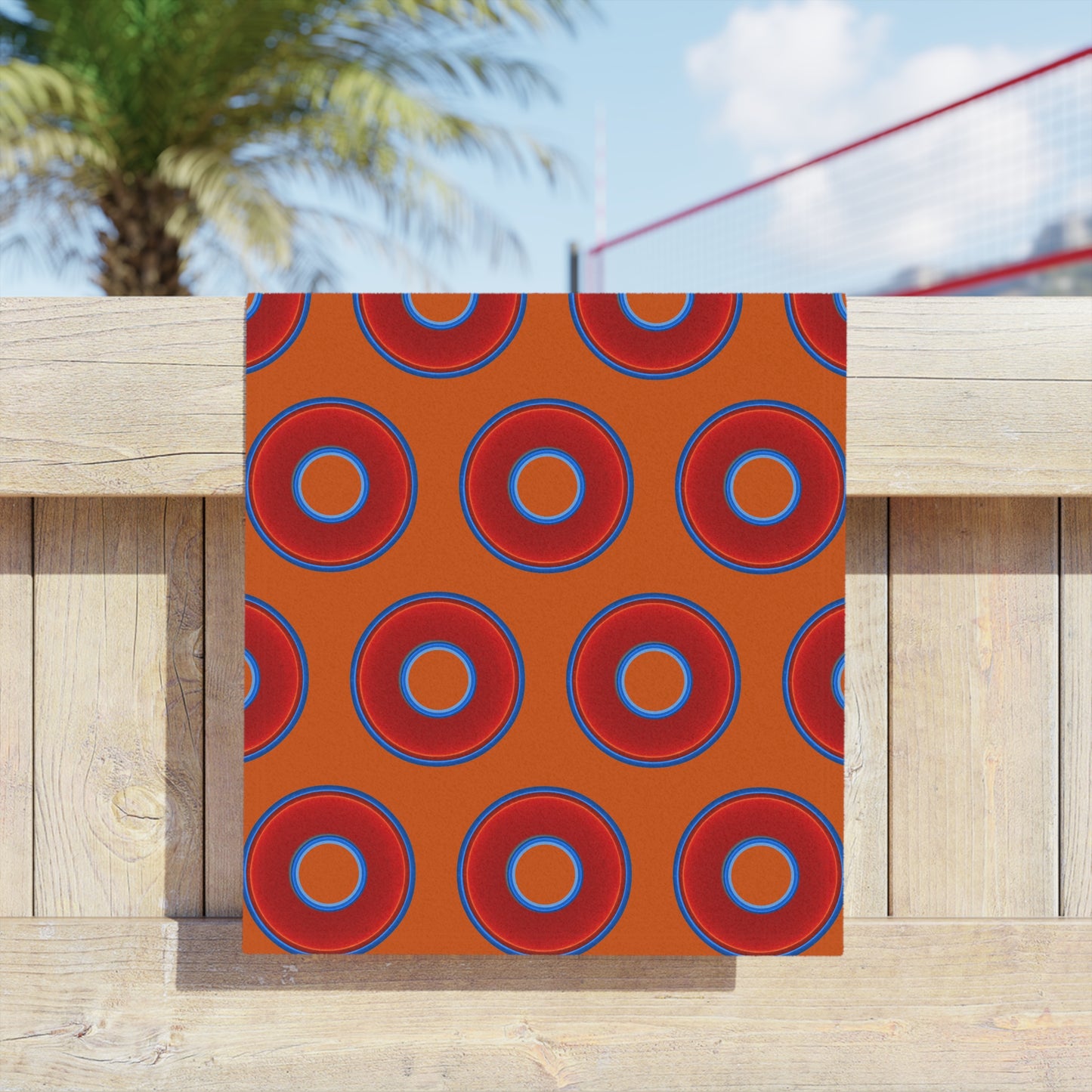 Lumpy Donut Towels - vivid red donuts w/dark orange background