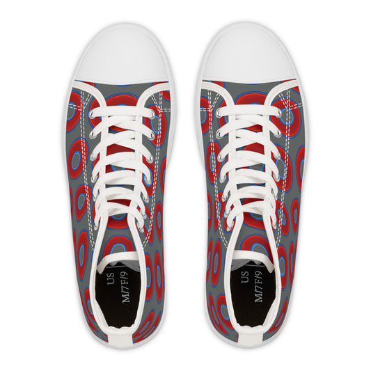 Women's High Top Chuck Taylors - large vivid red donut print w/dark gray background