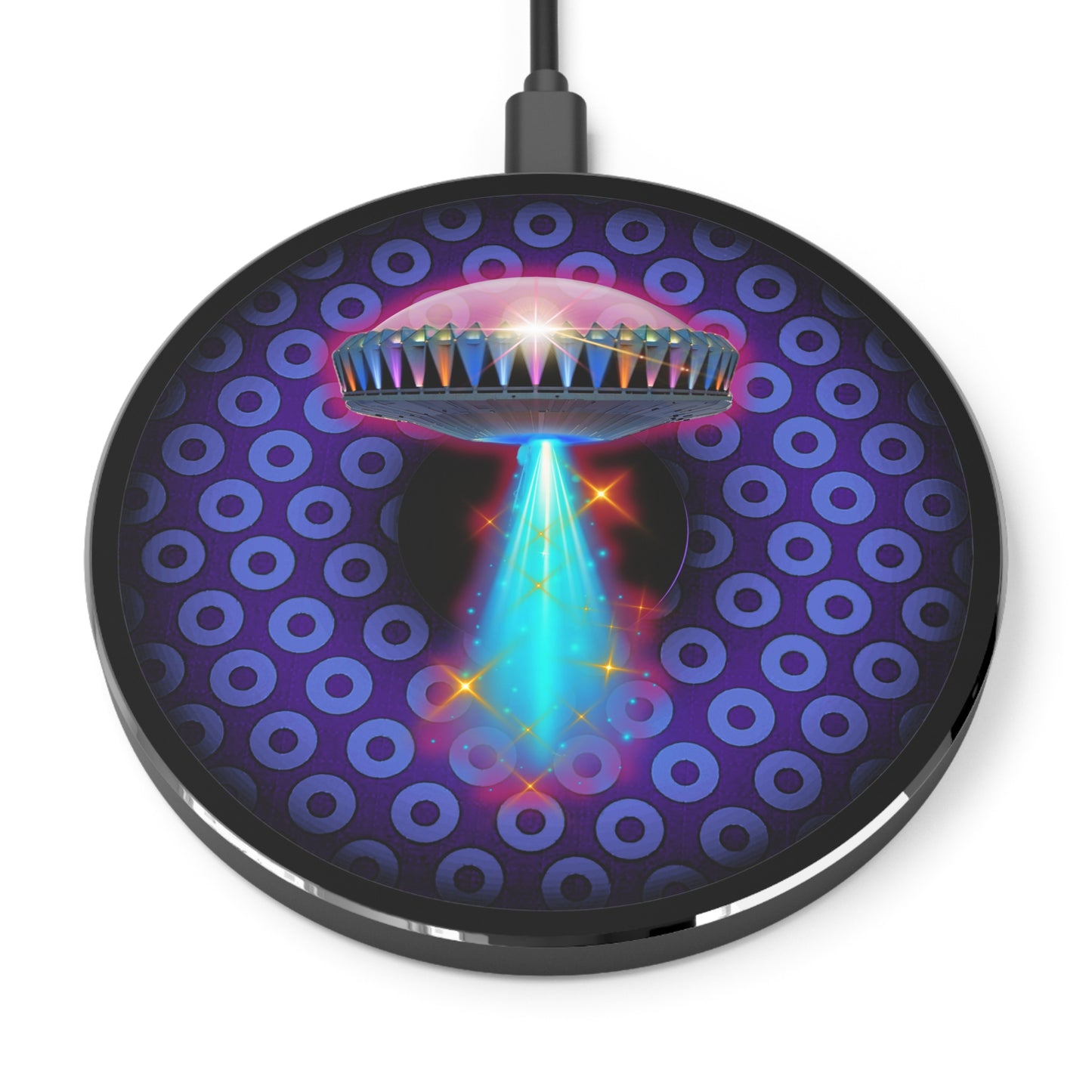 The Flow - Wireless Lumpy Donut Chargers - "They Have Wireless Charging on the Mothership Now" - paradoxical purple/light blue donut w/black background - variant 4