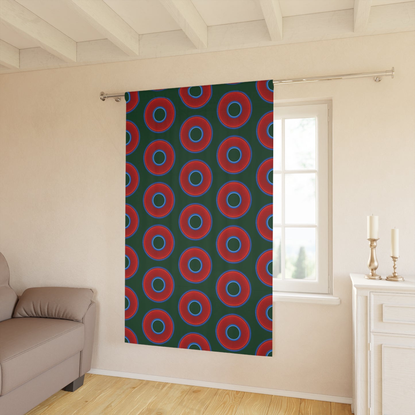 Lump's Heady Curtain w/Donuts - vivid red donut print - w/deep pond green background - [*1 Piece / 50" x 84"]