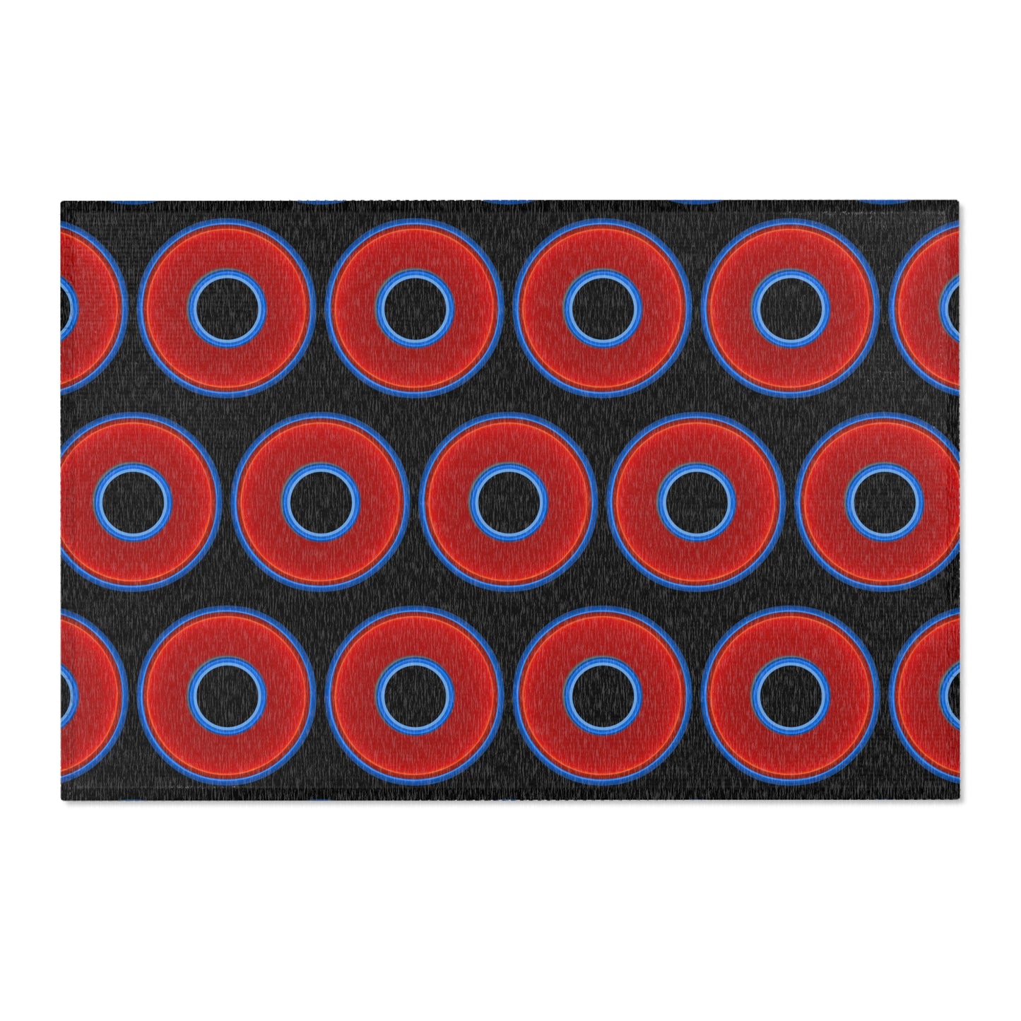 Lumpy Donut Print Rug - choice of 3 sizes - vivid red donut print w/black background