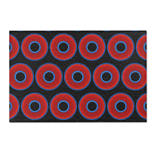 Lumpy Donut Print Rug - choice of 3 sizes - vivid red donut print w/black background