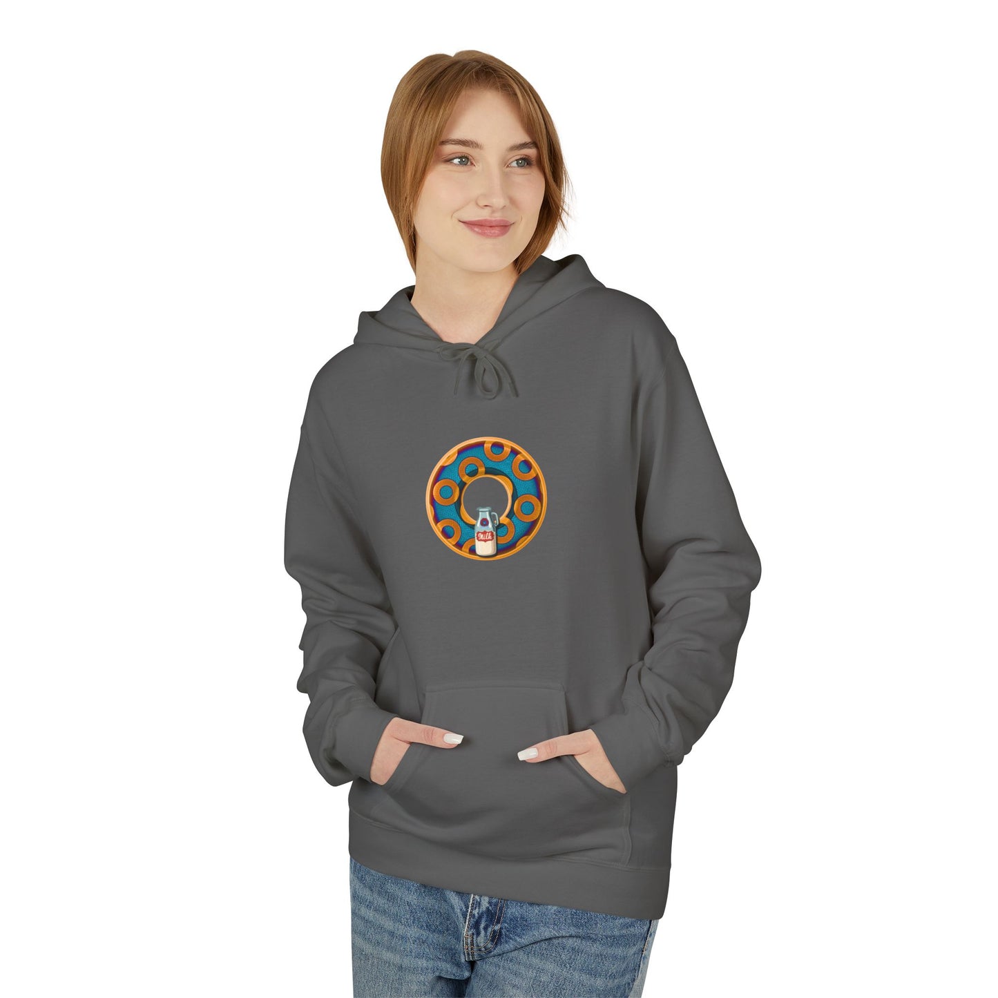 Fleece Harry Hoodies [Midweight Soft-style] - "Wooked Cream Dairy - YEMSG Donut" - blue/orange rustic paradox donut - variant 4