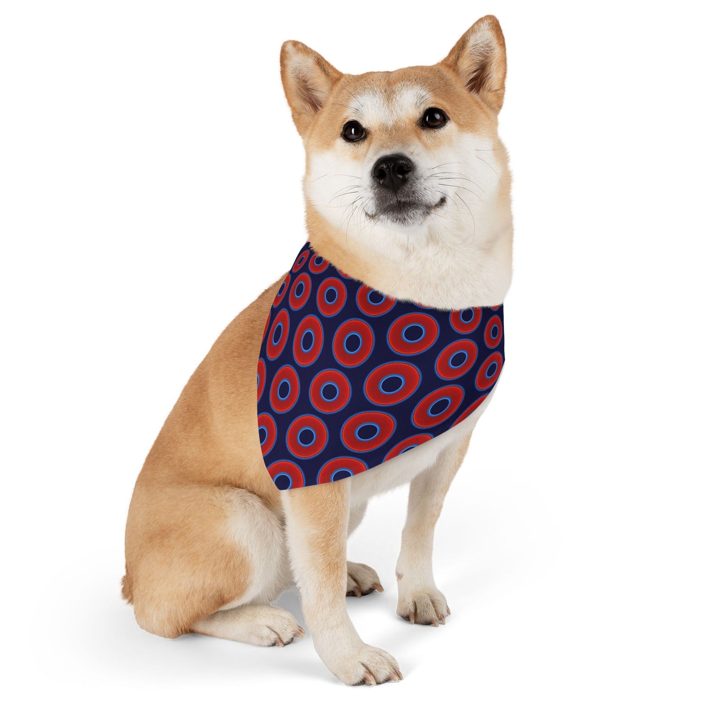 Jim's Lumpy Bandana Pet Collar - vivid red donuts w/midnight blue background