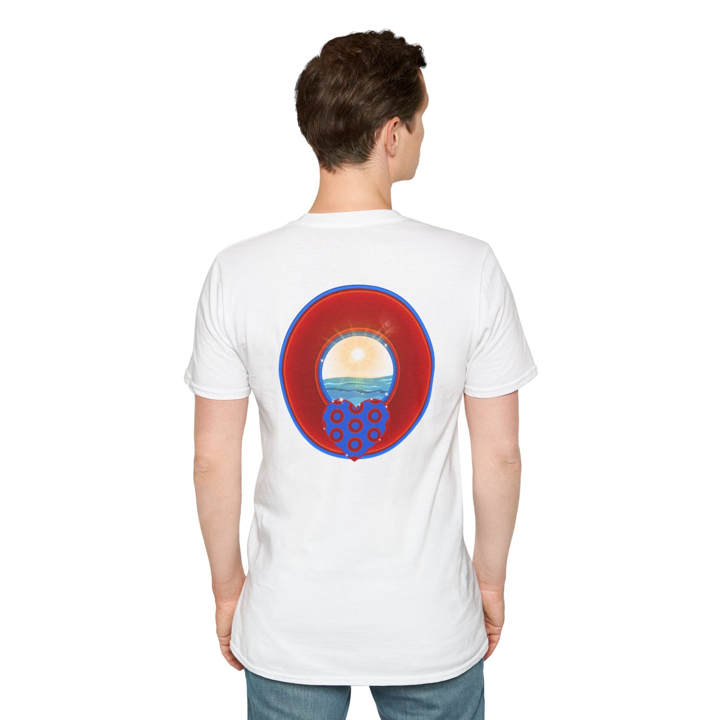 Classic Donut Tee - Unisex Soft-Style - "Ocean Donuts of Love" - vivid red donut - w/sun - variant 2