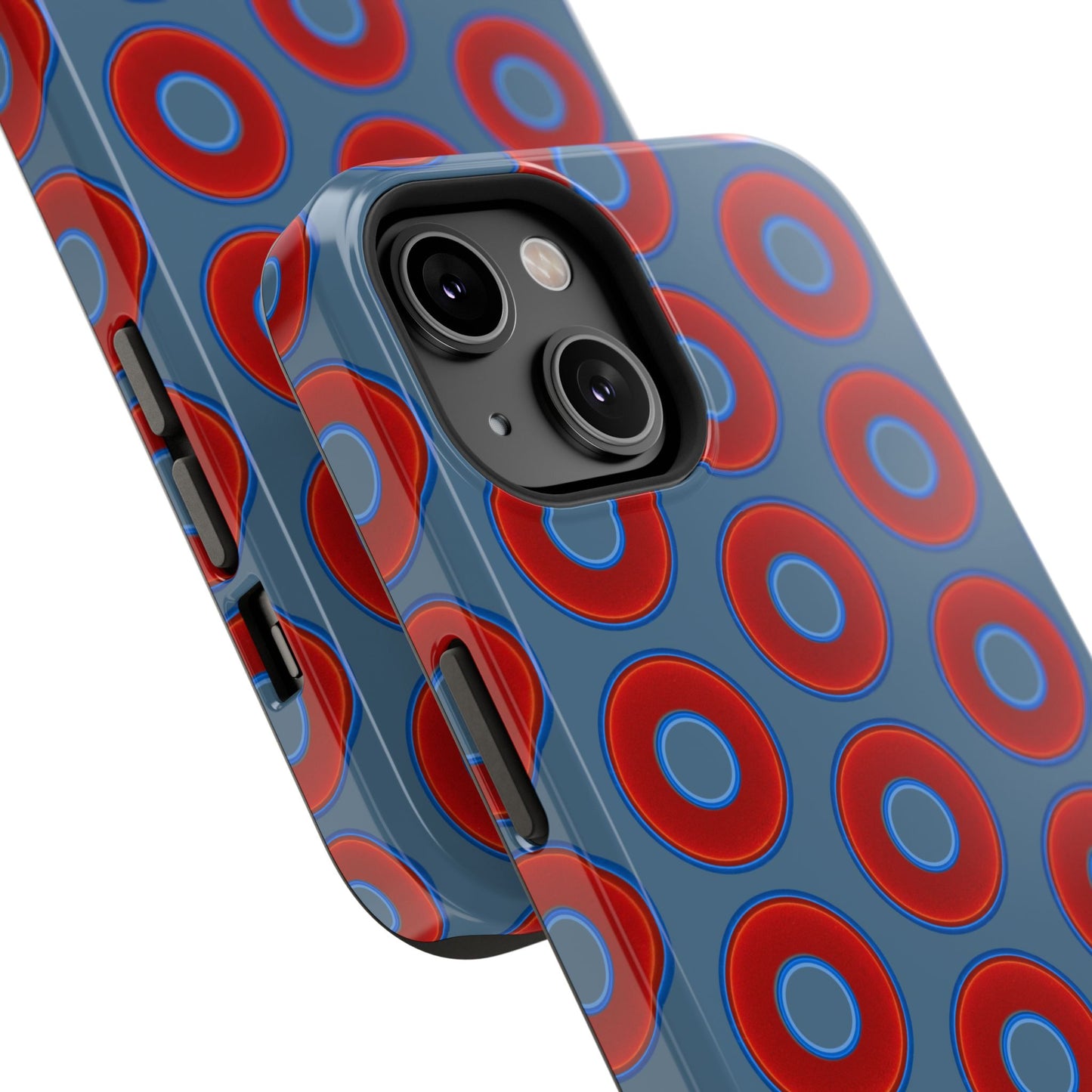 Impact-Resistant Lumpy Donut Case - red vivid donut print w/steel blue background