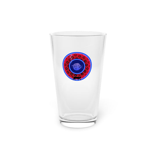 16oz Lumpy Pint Glass - "Don't Forget Your Cat's Shots" red/blue widemouthed paradox donut