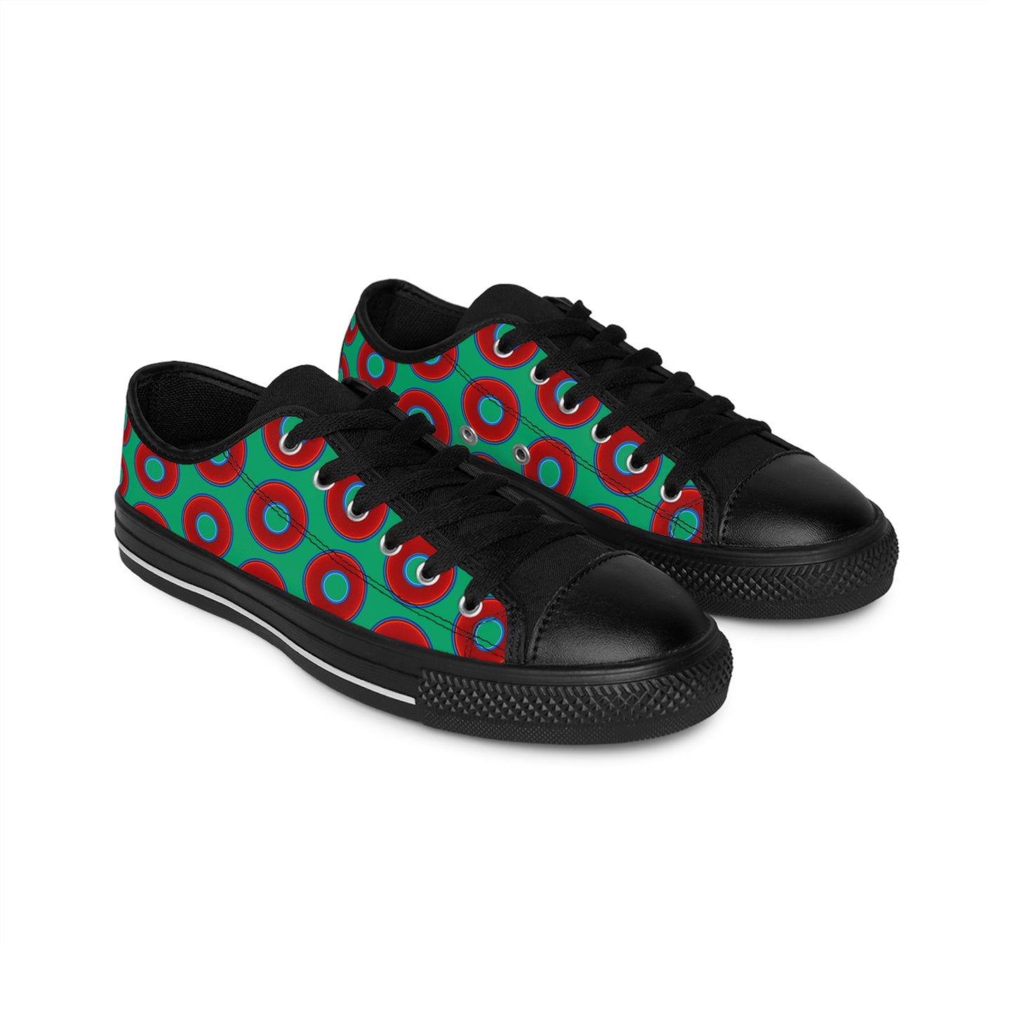 Women's Cushiony Convectors - Low Top - large red vivid donut print w/jade green background