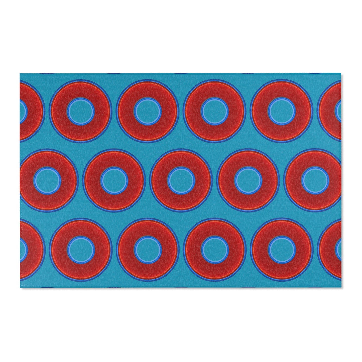 Lumpy Donut Print Rug - choice of 3 sizes - vivid red donut print w/aquamarine blue background