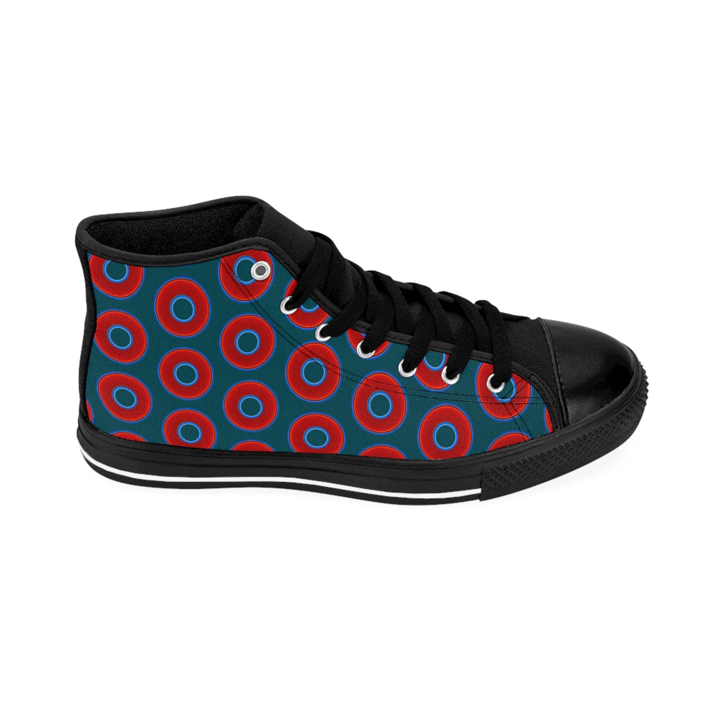 Men's Cushiony Convectors - High Tops - red vivid donuts w/midnight teal green background