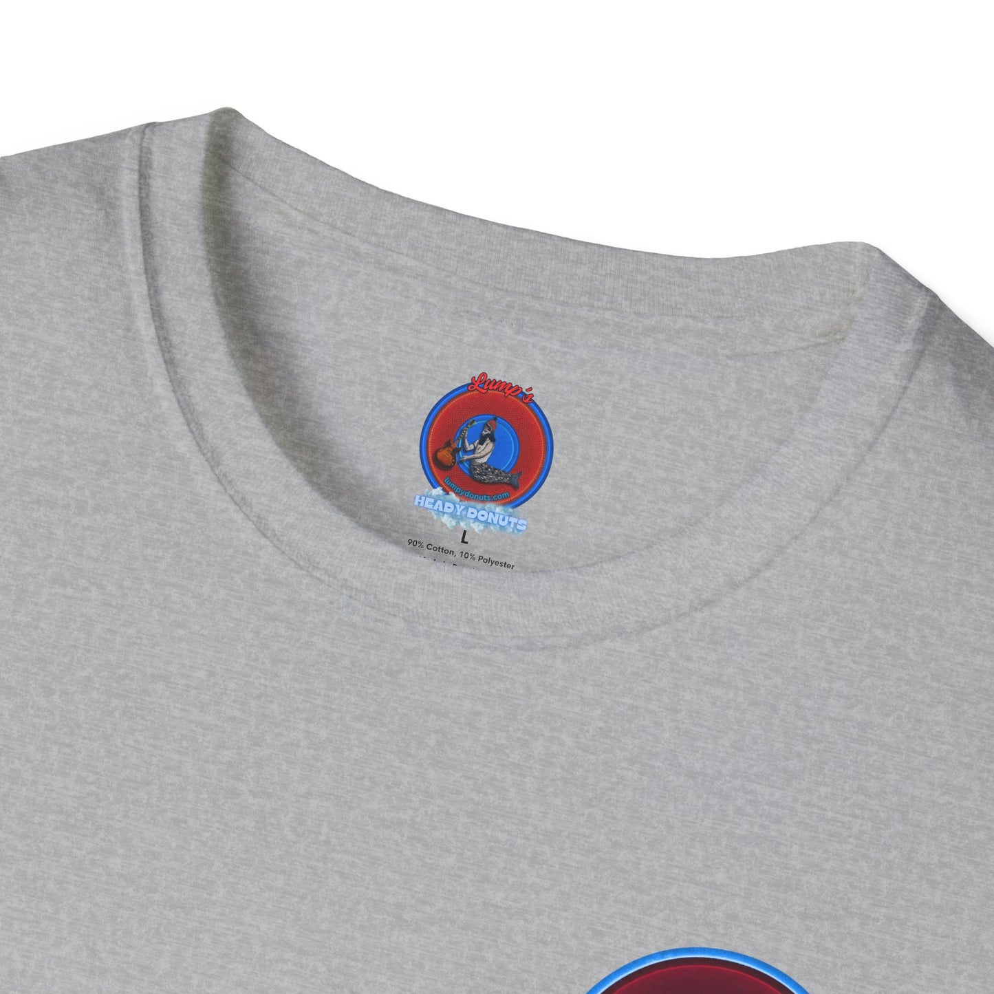 Classic Donut Tee - Unisex Soft-Style - "Brotherly Donuts Jawn" - vivid dark purple-red/light blue donut