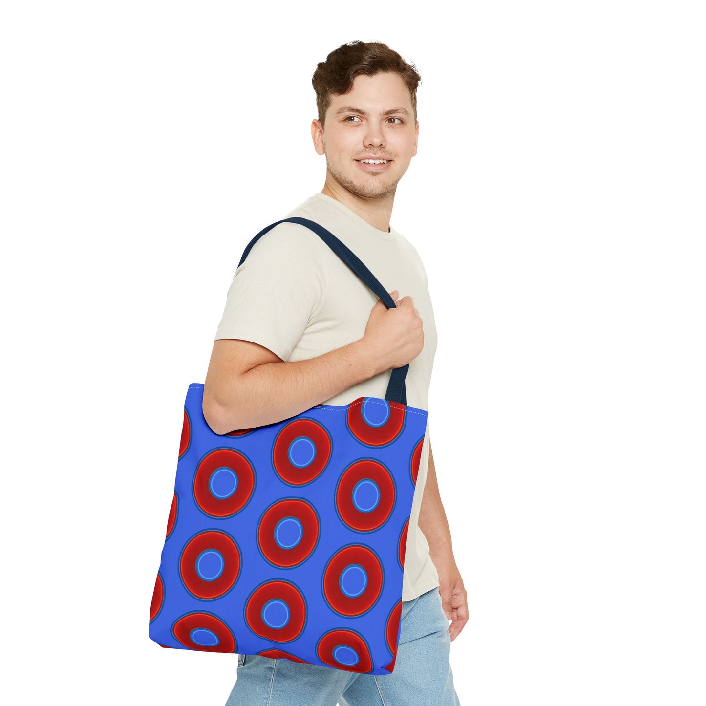 Lumpy Beach/Tote Bag - red vivid donuts w/royal blue background