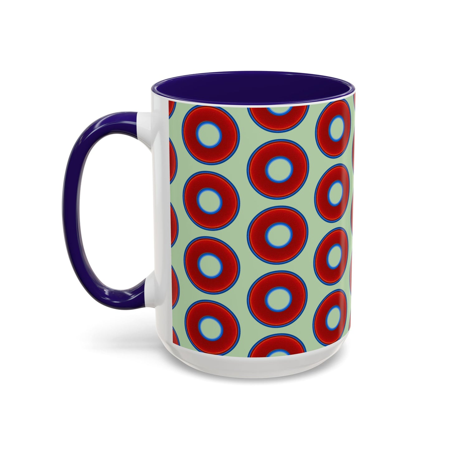 Lump's Grumpy Coffee Mug - vivid red donuts w/seafoam background