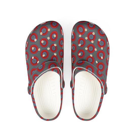 Spatchcocks - donut slip-on shoes - vivid red donuts w/dark gray background [unisex]