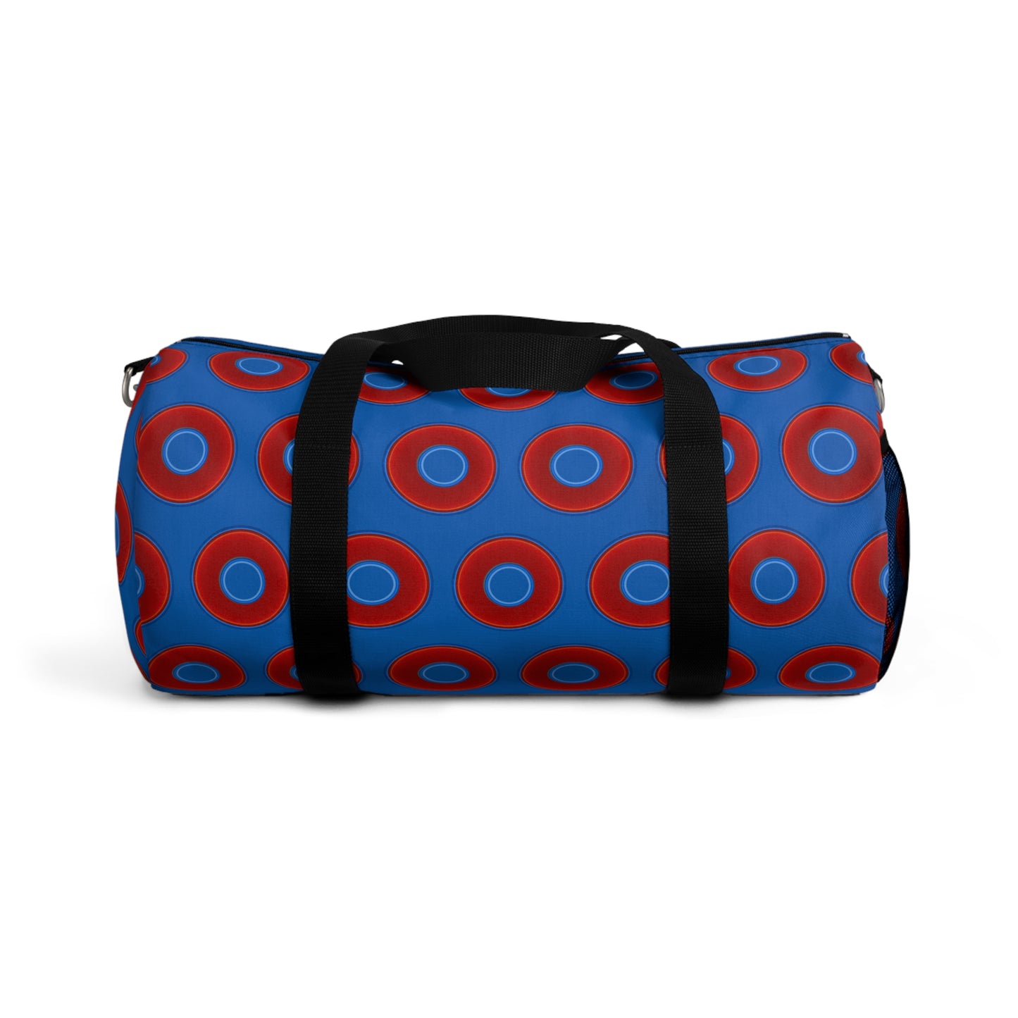 Lumpy Duffel - vivid red donuts w/dark royal blue background