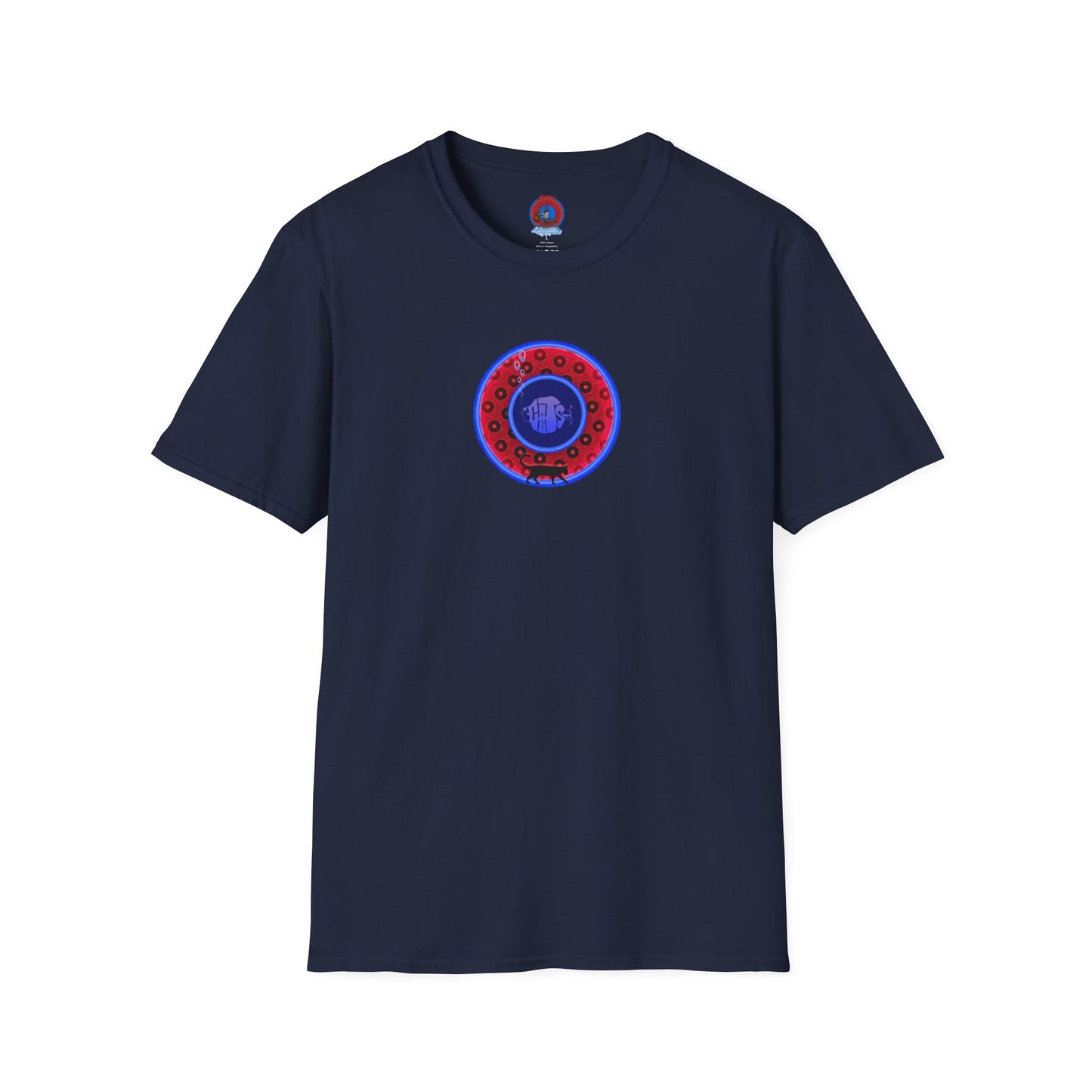 Classic Donut Tee - Unisex Soft-Style - "The Cat's Meow Donut' - red/blue paradox widemouthed donut