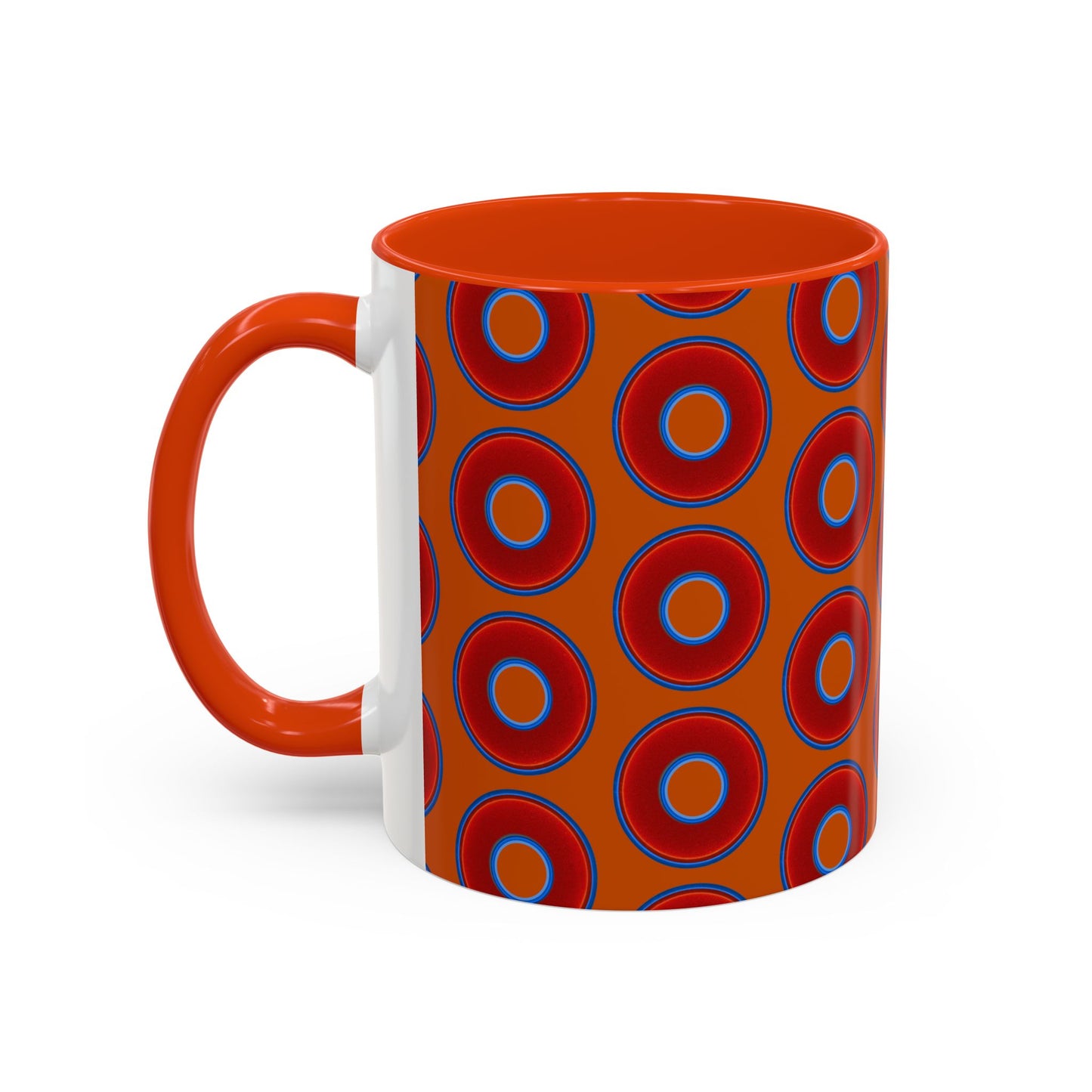 Lump's Grumpy Coffee Mug - vivid red donuts w/dark orange background
