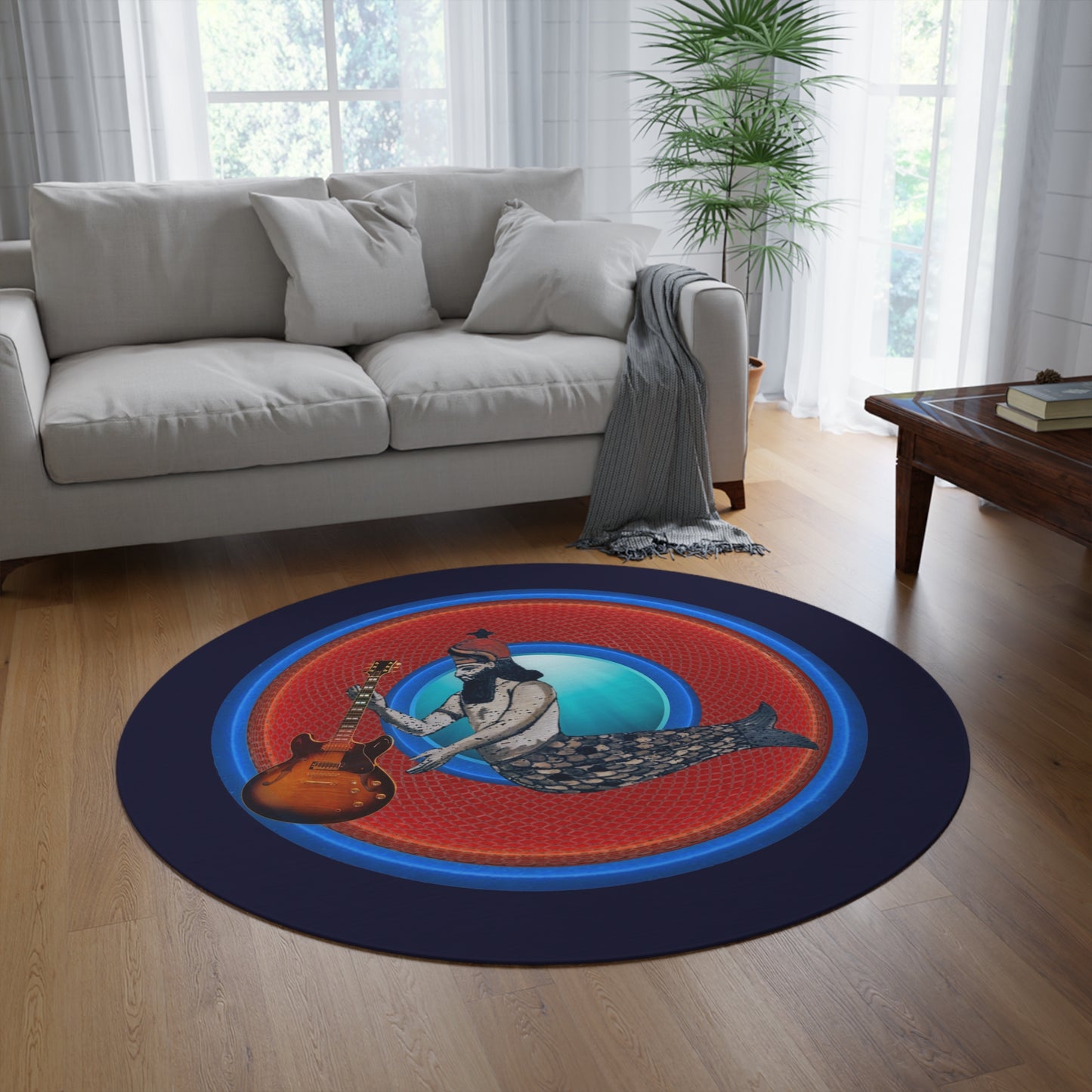 Round Room - 5 ft x 5 ft Lumpy Donut Rug - "Doggone Dagon Donut Rug" - rustic red/blue donut w/navy background - variant 3
