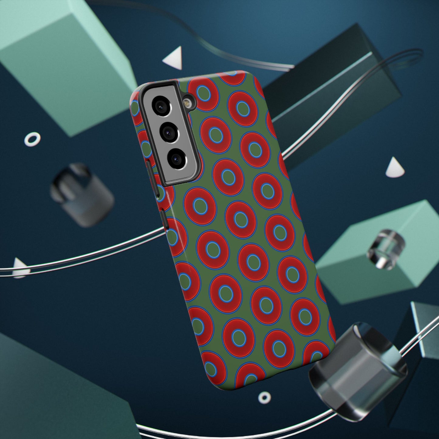 Impact-Resistant Lumpy Donut Case - red vivid donut print w/dark green background