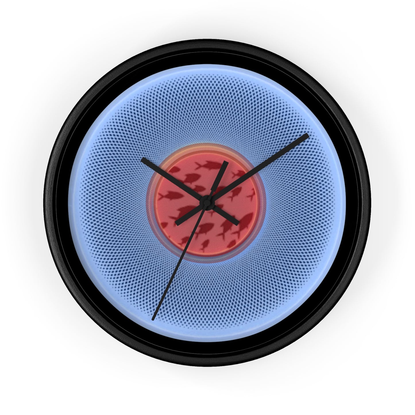 Lumpy Wall Clock - "Swimming by Donut Clocks" - variant 2 - light blue/red phatty donut w/black background