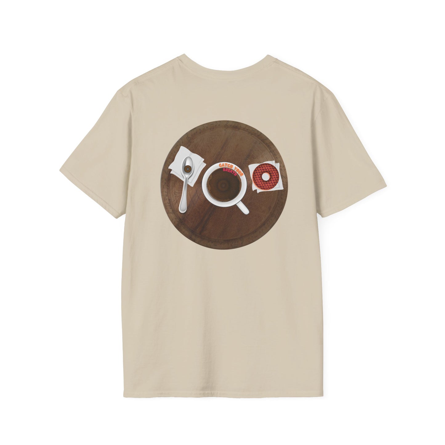 Classic Donut Tee - Unisex Soft-Style - "Coffee With My Donuts" - wooden table donut