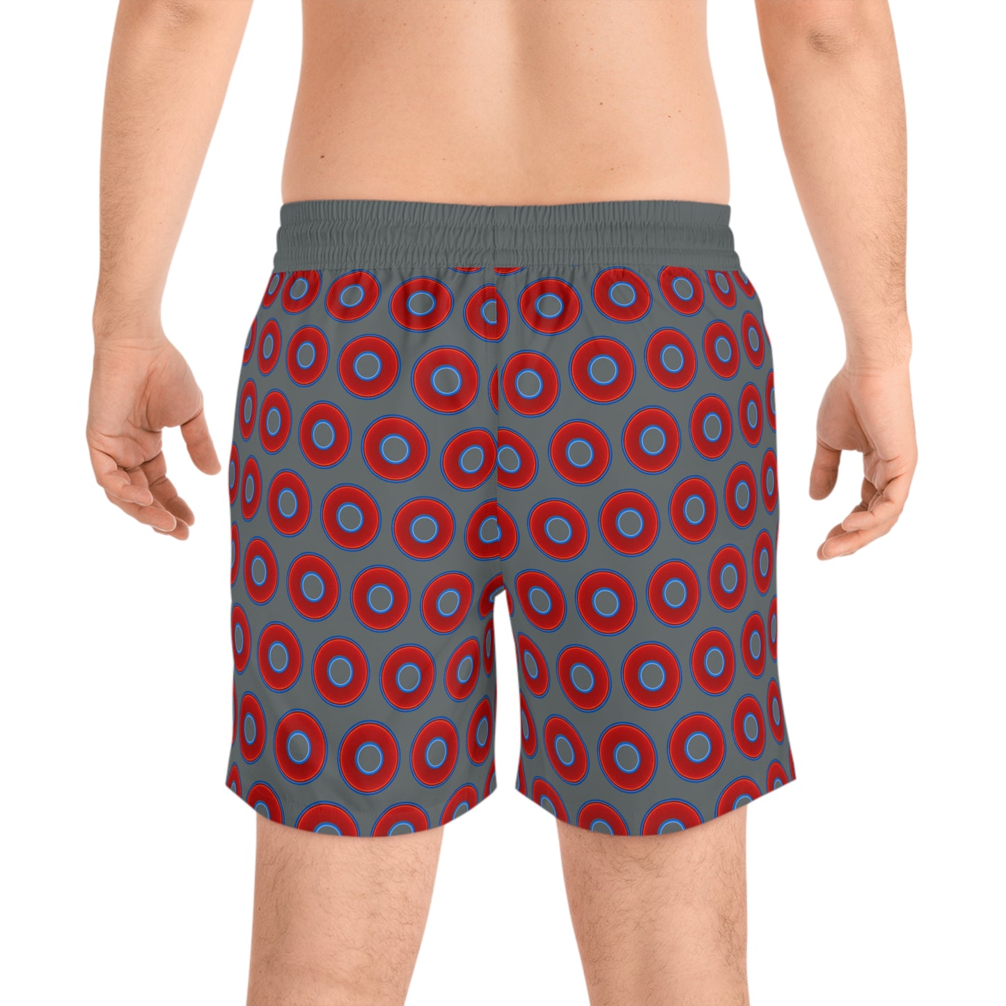 Men's Lumpy Swim Trunks - vivid red donut print w/dark gray background