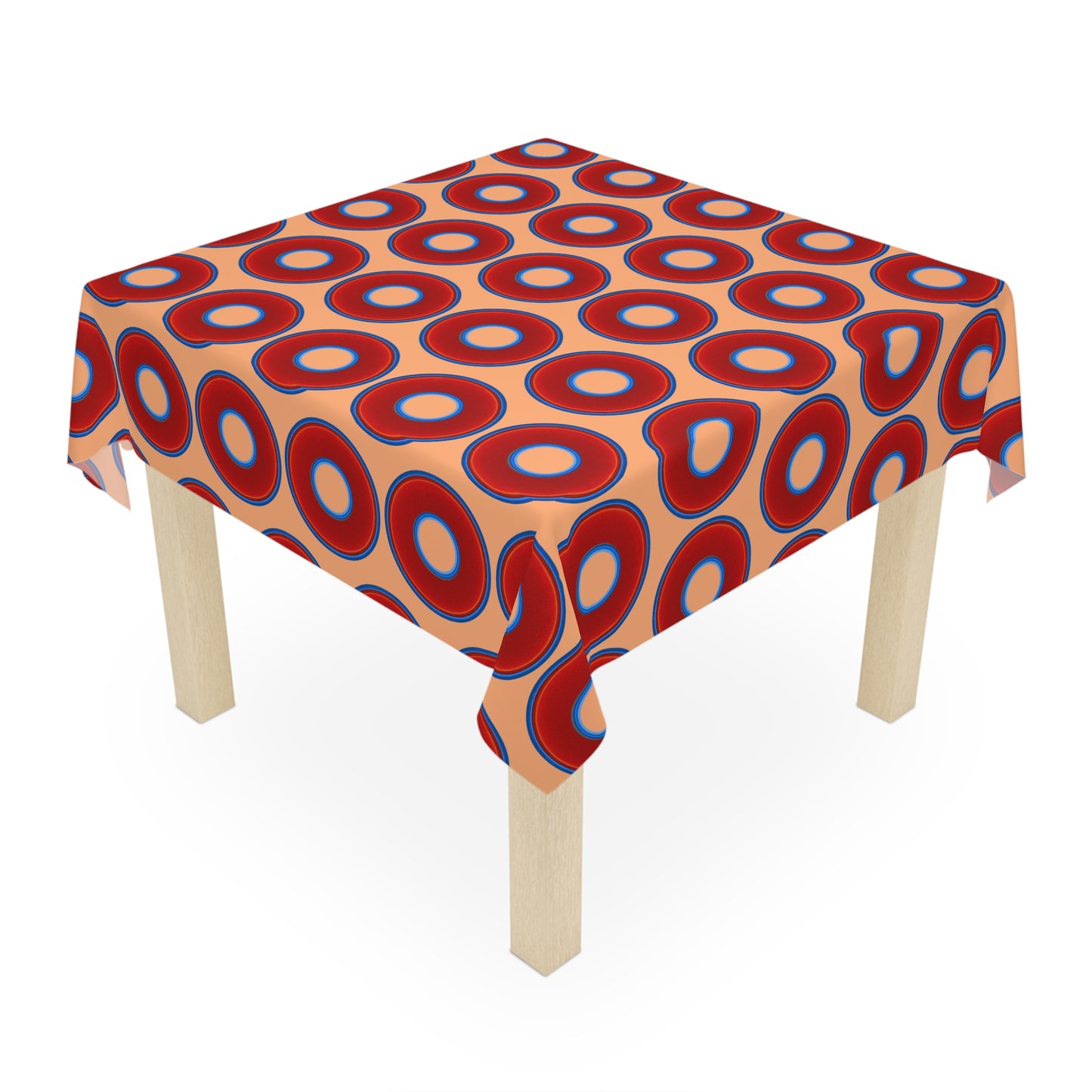 Lumpy Tablecloth - 55.1" x 55.1" - vivid red donuts w/peach background