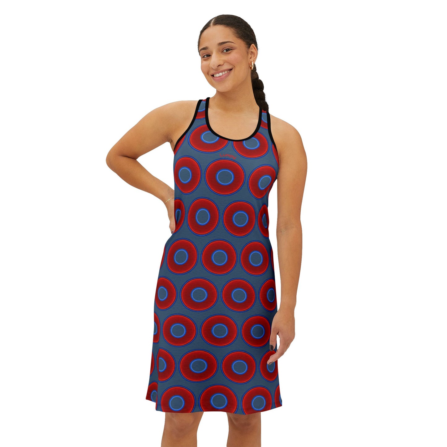 Tela's Lumpy Racerback Donut Dress - red vivid donut print w/steel blue background