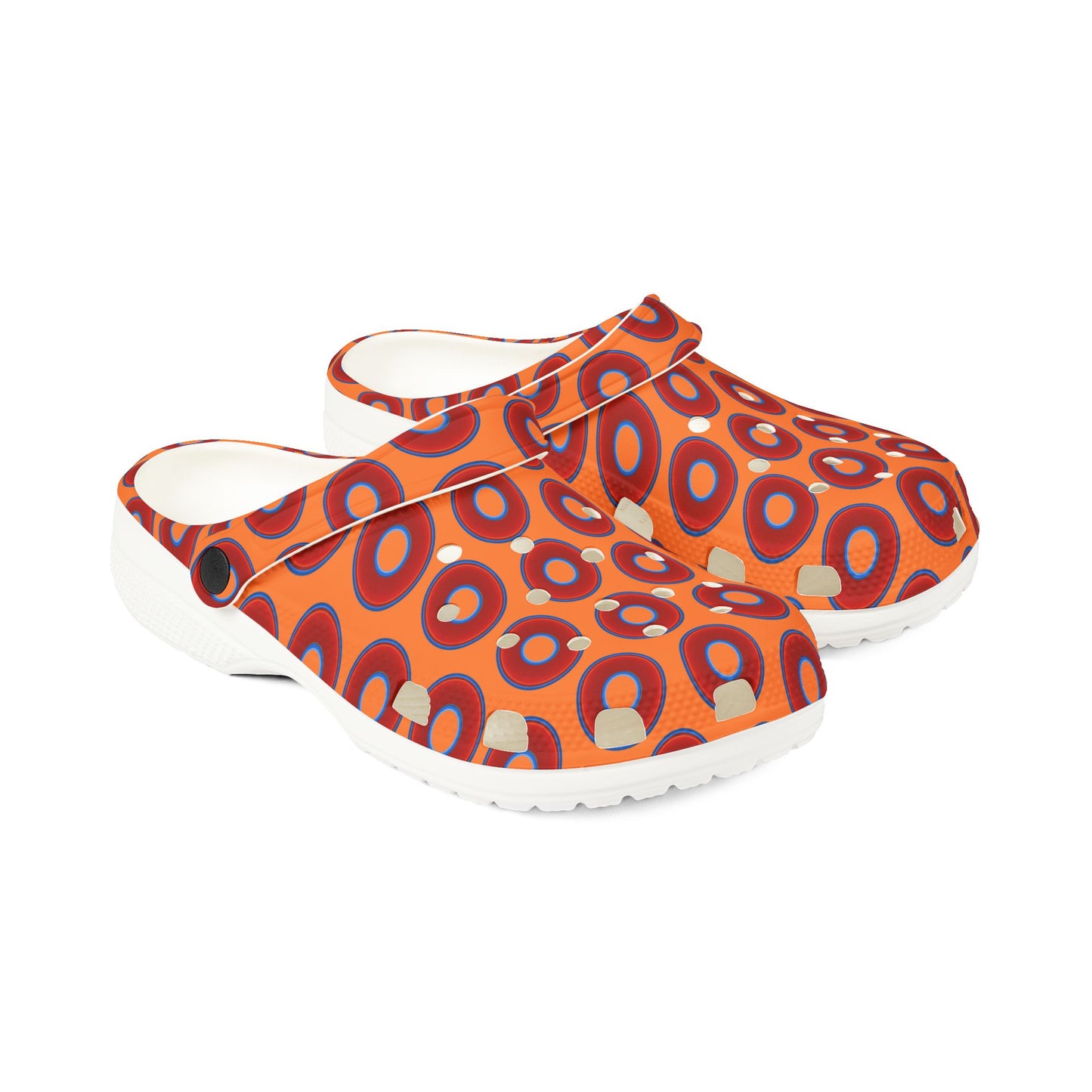 Spatchcocks - donut slip-on shoes - vivid red donuts w/dark orange background [unisex]