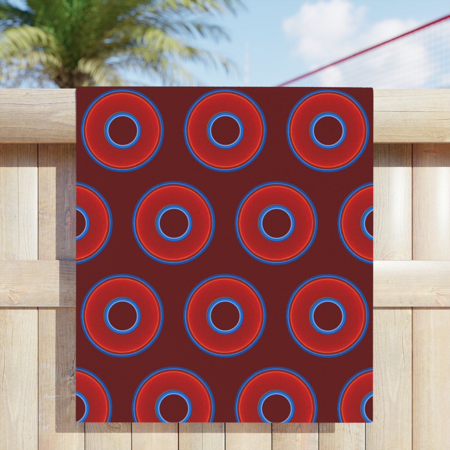 Lumpy Donut Towels - vivid red donuts w/dark red background