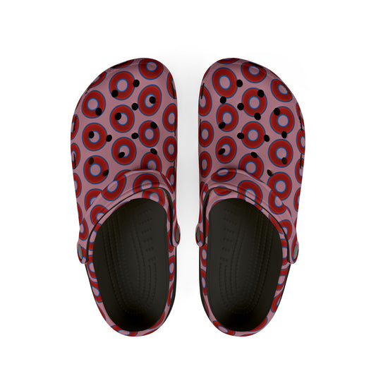 Spatchcocks - donut slip-on shoes - vivid red donuts w/pale magenta background [unisex]