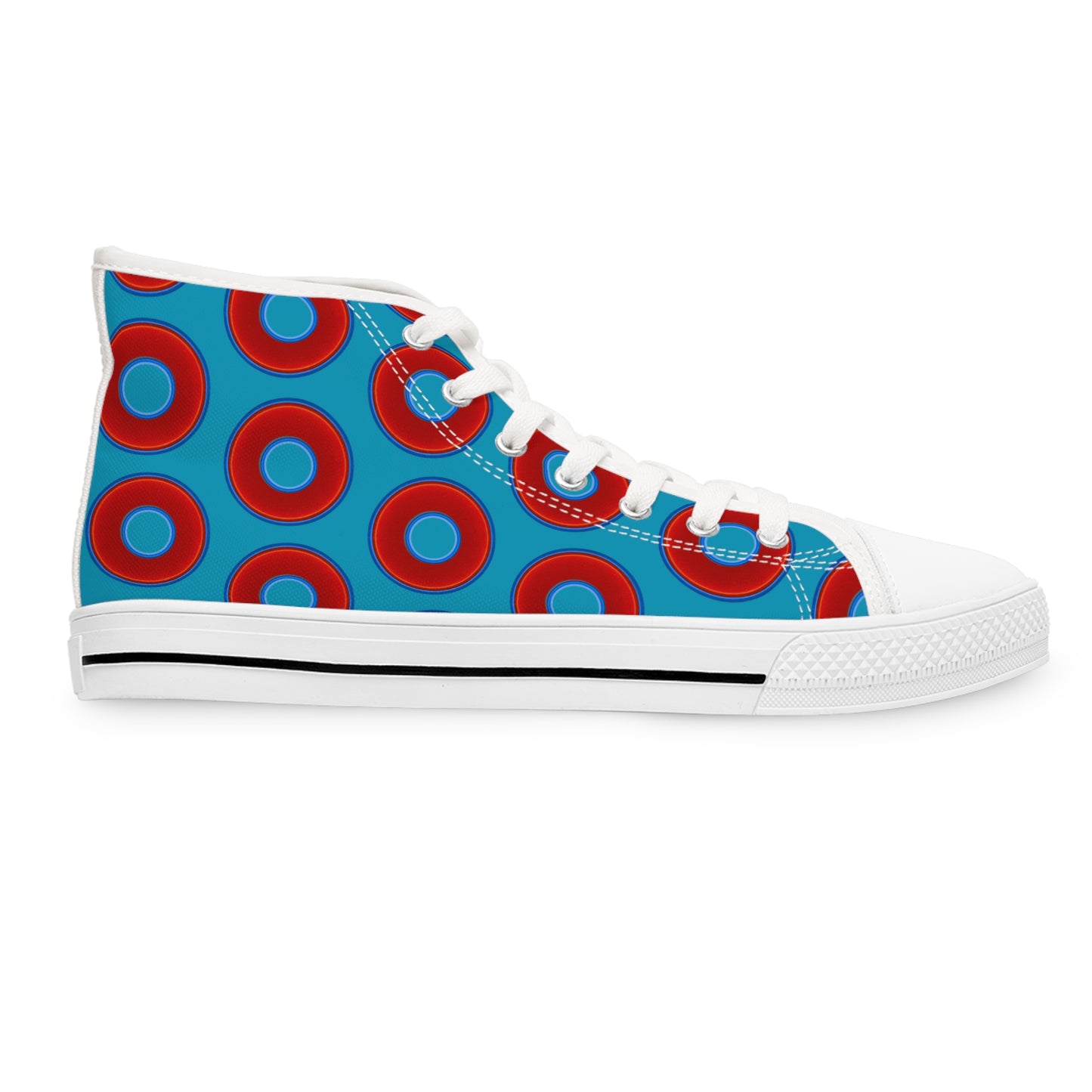 Women's High Top Chuck Taylors - large vivid red donut print w/aquamarine blue background