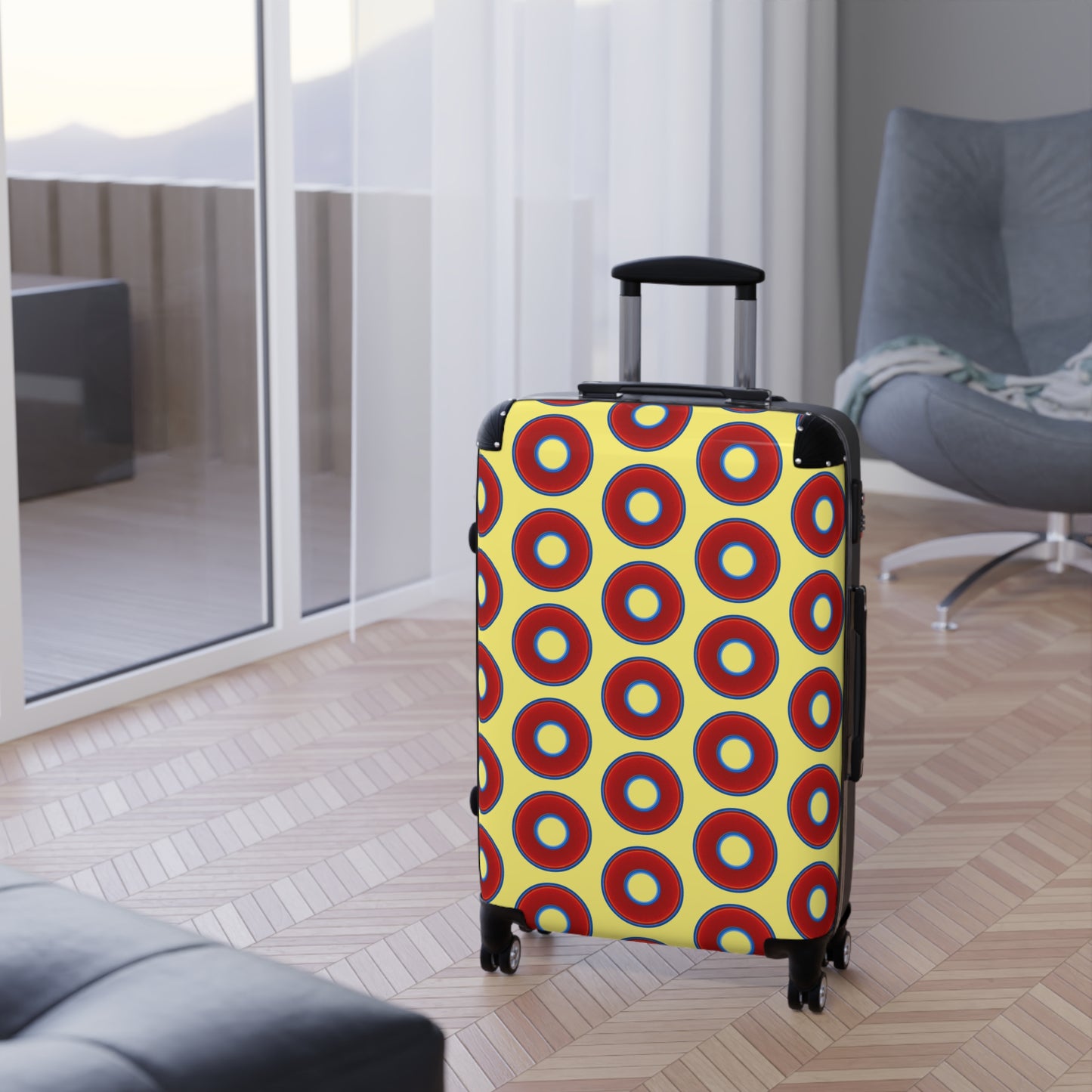 The Very Lumpy Donut Suitcase series - your choice of S, M or L - vivid red donut print w/yellow background