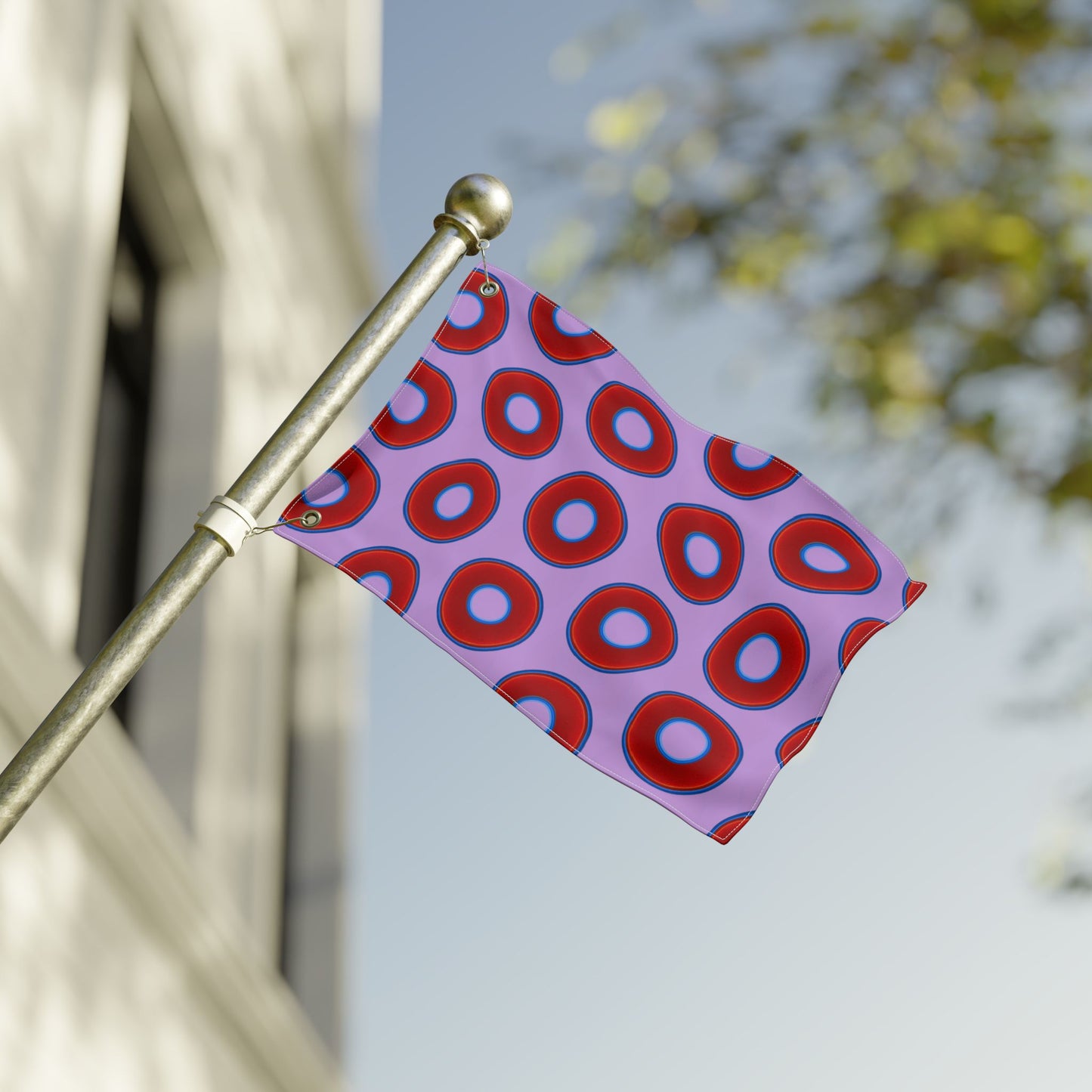 Lumpy Flagpole Sitters - Donut Flags [12" x 18"] - red vivid donut print w/wisteria purple background