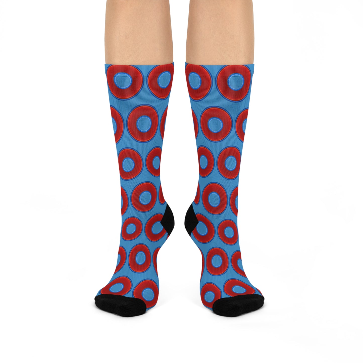 Lumpy Sox - cushioned crew - vivid red donut print w/light steel blue background