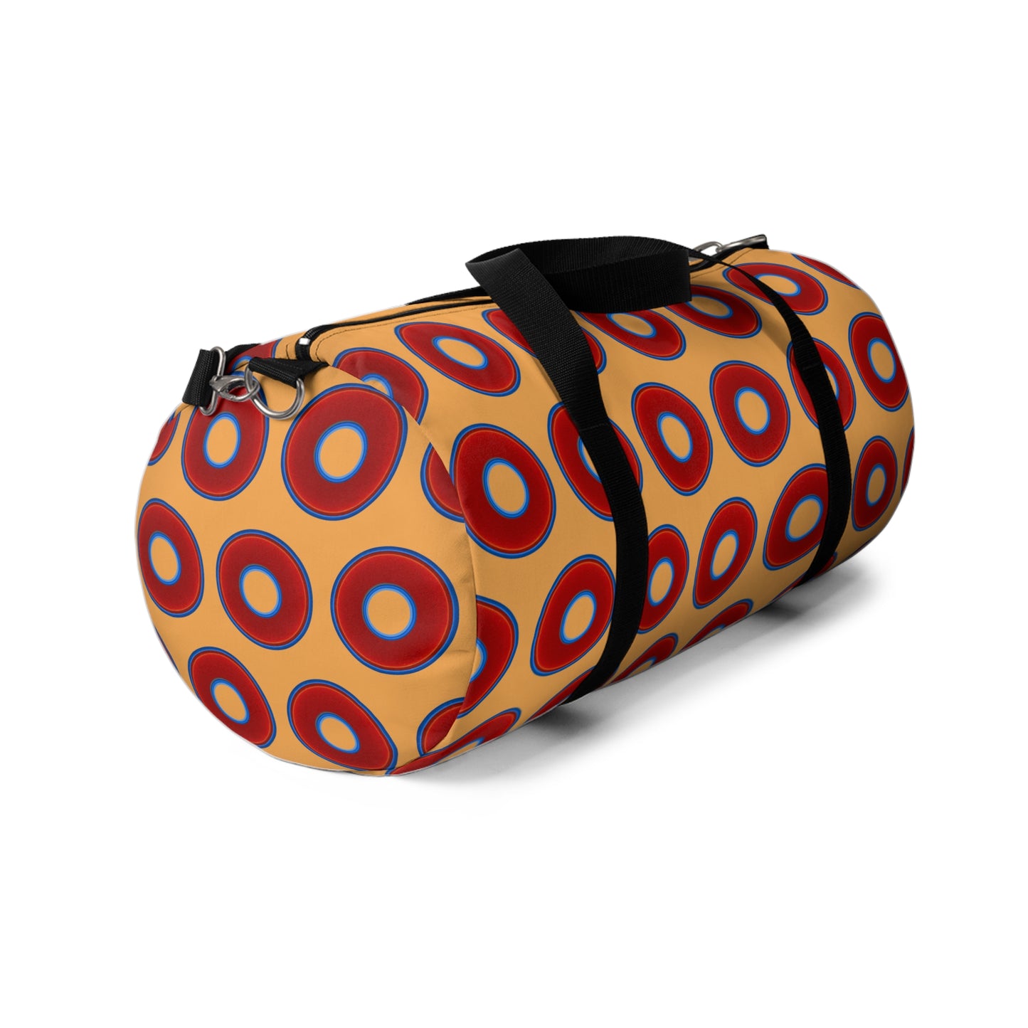 Lumpy Duffel - vivid red donuts w/creamcicle orange background