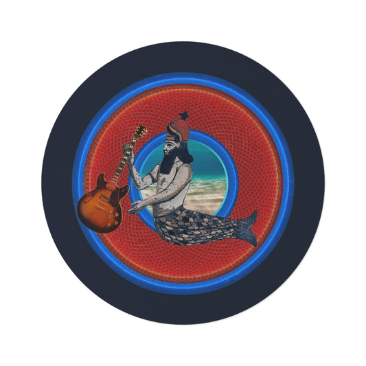 Round Room - 5 ft x 5 ft Lumpy Donut Rug - "Doggone Dagon Donut Rug" - rustic red/blue donut w/navy background - variant 4