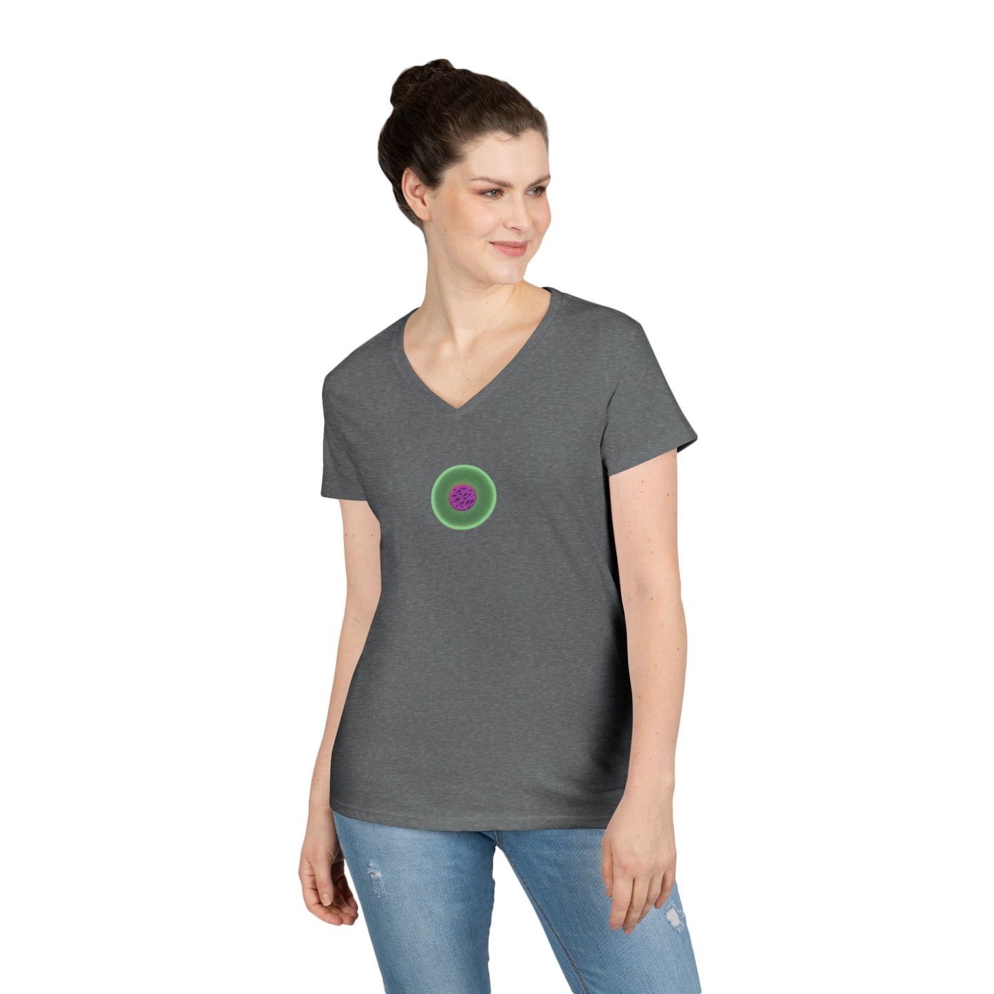 Women's Donut V-Neck Tee - "If I'm Swimming By" - variant 3 - light green/magenta phatty donut w/