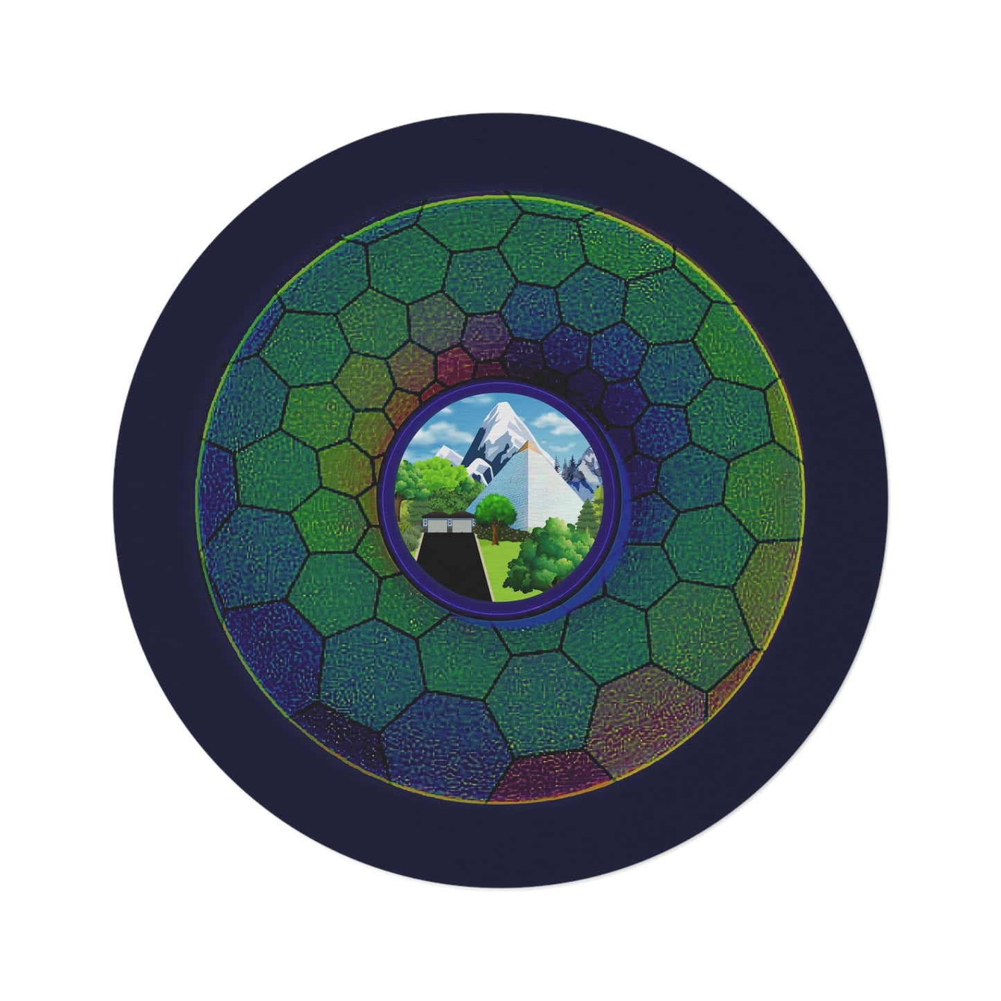 Round Room - 5 ft x 5 ft Lumpy Donut Rug - "Mansions of South Park Donut Rug" - green hexadonut w/dark navy background - variant 1