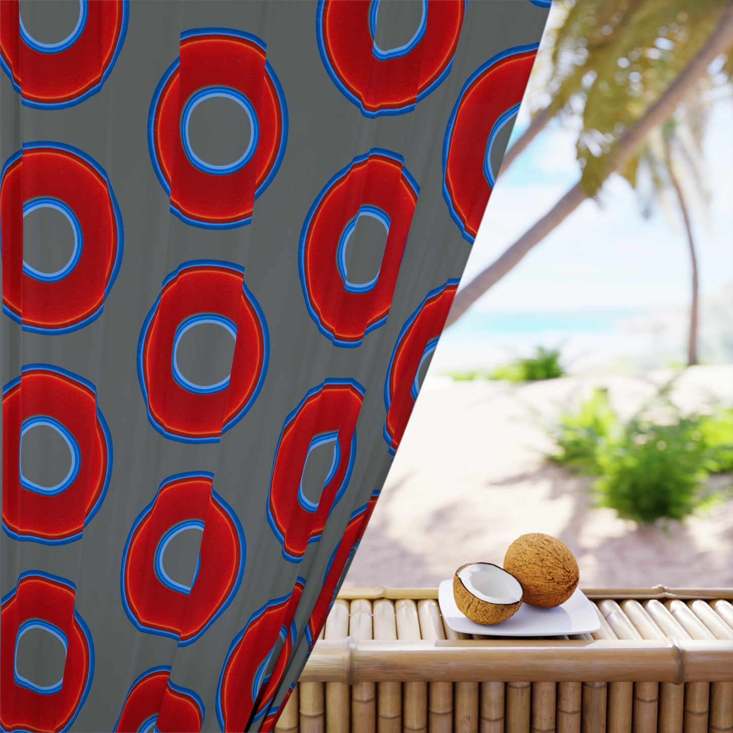 Lump's Heady Curtain w/Donuts - vivid red donut print - w/dark gray background - [*1 Piece / 50" x 84"]