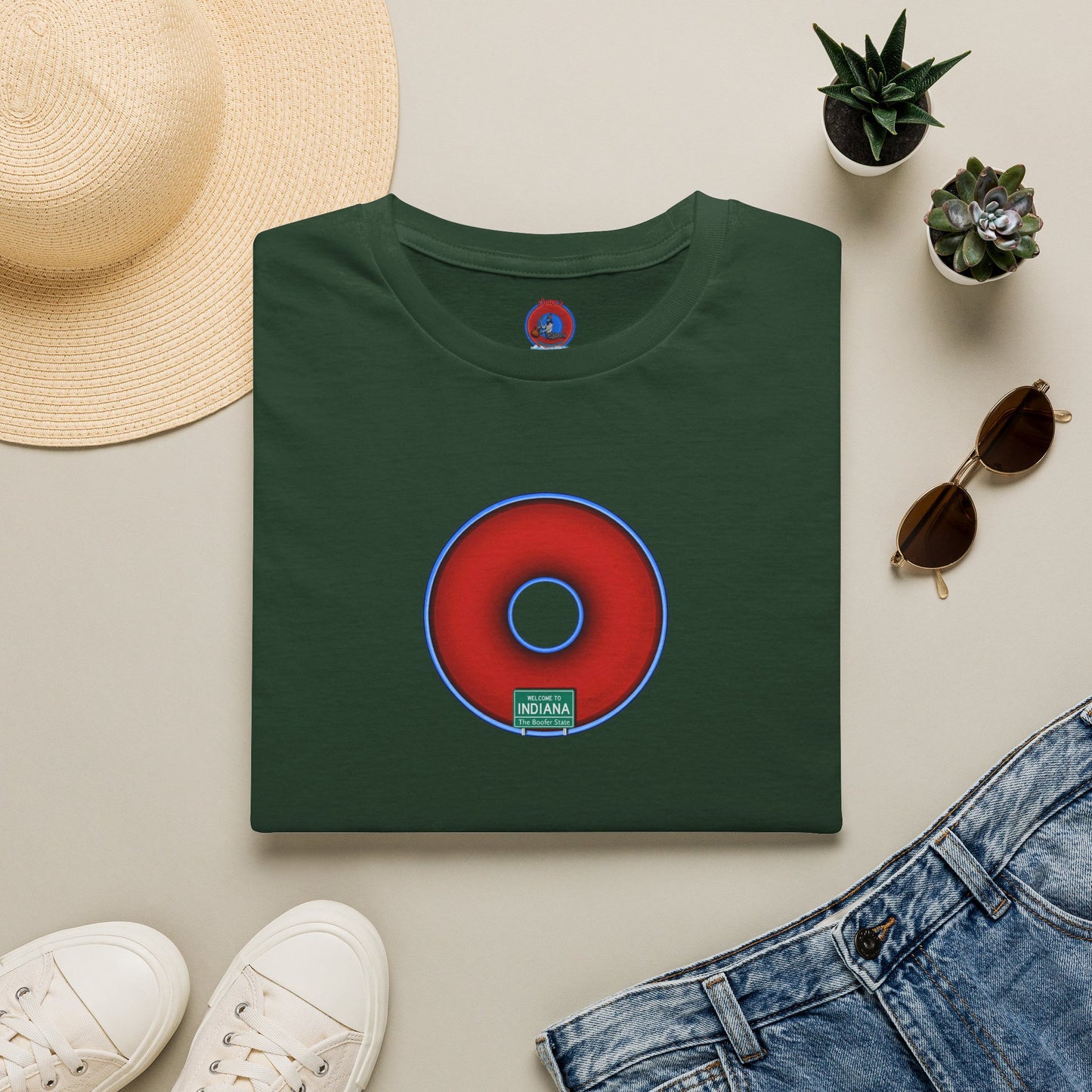 Classic Donut Tee - Unisex Soft-Style - "Indiana is for Boofers" - vivid red/blue plumpy donut - variant 3 - plain