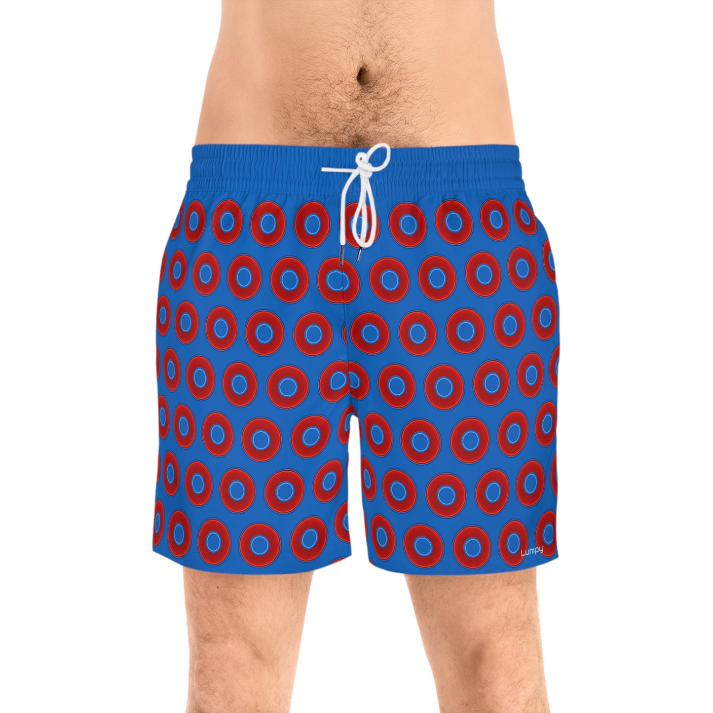 Men's Lumpy Swim Trunks - vivid red donut print w/dark royal blue background