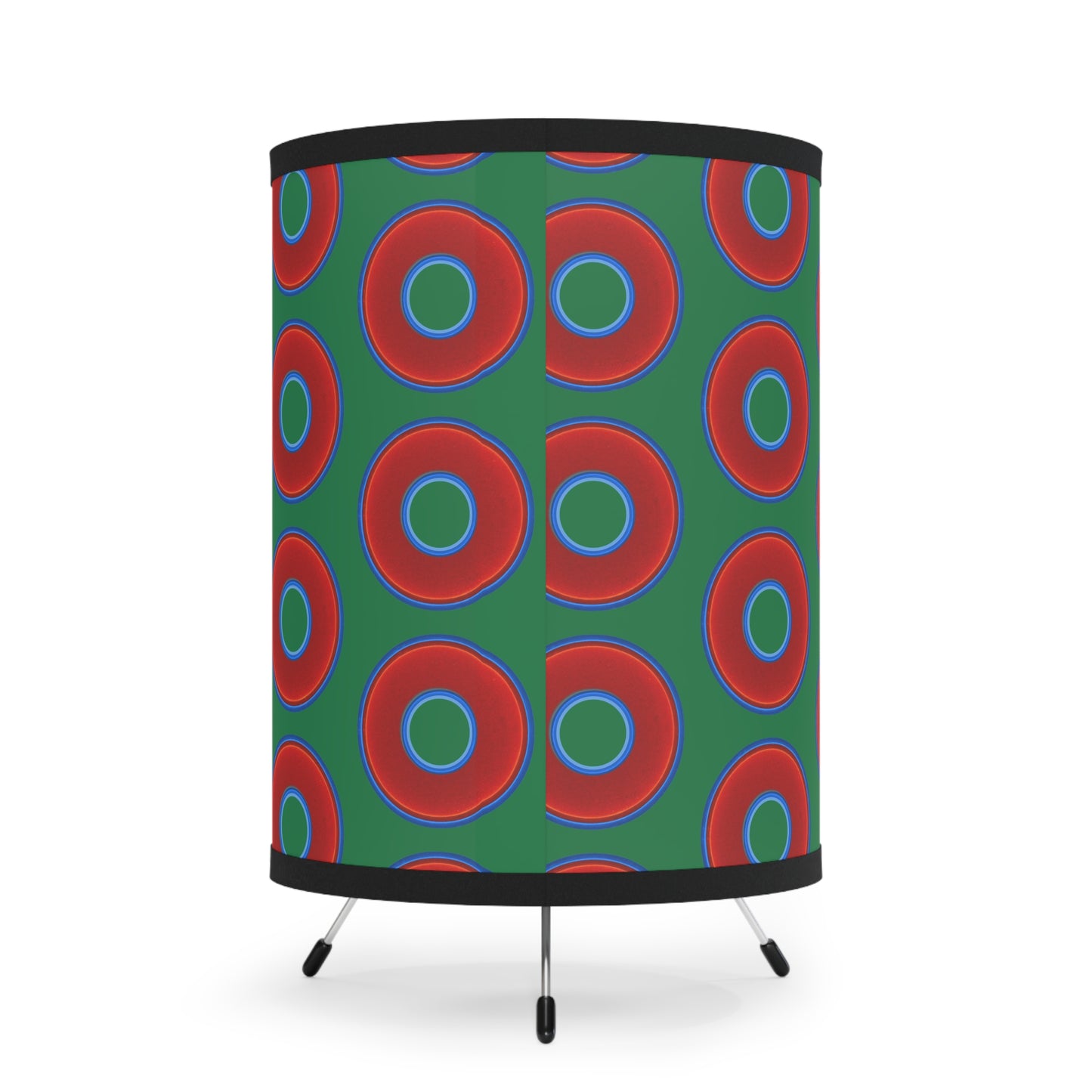 Lumpy Tripod Donut Lamp - vivid red donuts w/green background