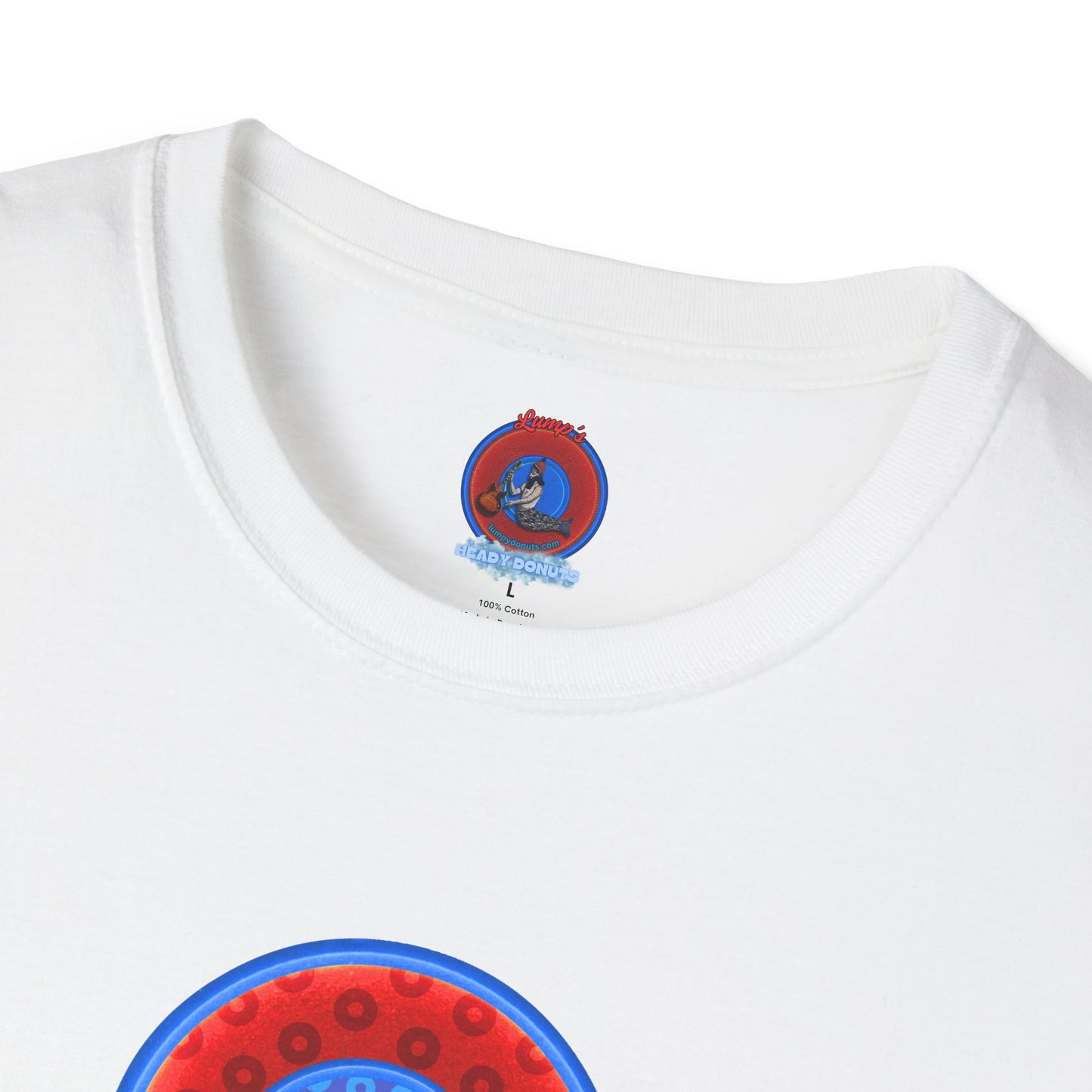 Classic Donut Tee - Unisex Soft-Style - "All You Can Eat Donut Platter" - red/blue paradoxical donuts