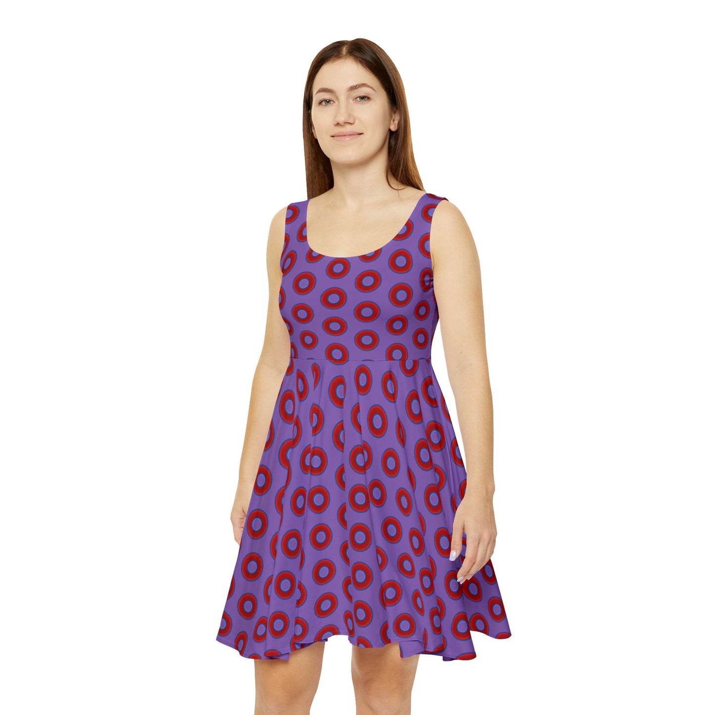 Women's Skater Donut Dress - vivid red donut print w/light purple background