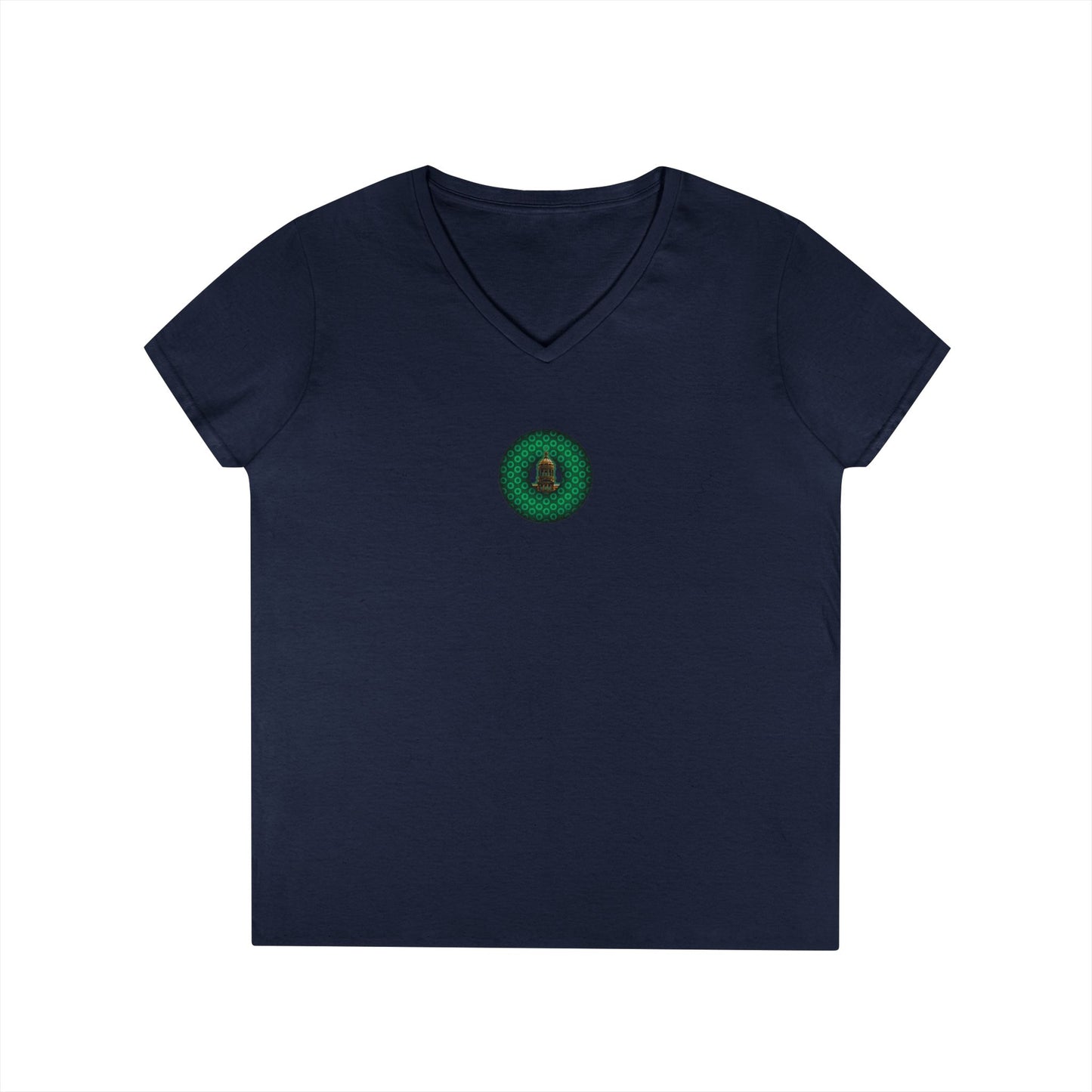 Women's Donut V-Neck Tee - "Save the Mondegreen City Hall Clock Tower" - variant 2 - green/green paradox donut w/