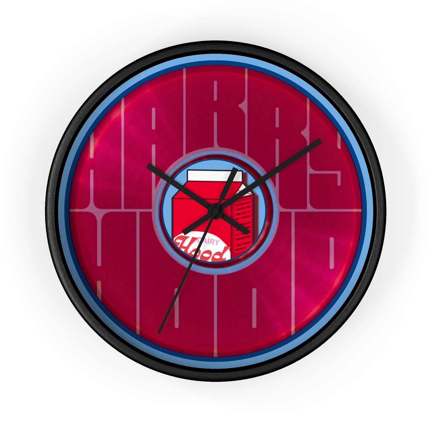 Lumpy Wall Clock - "Harry's Unofficial Donut Clock" - variant 2 - vivid magenta/purple word donut w/light blue background