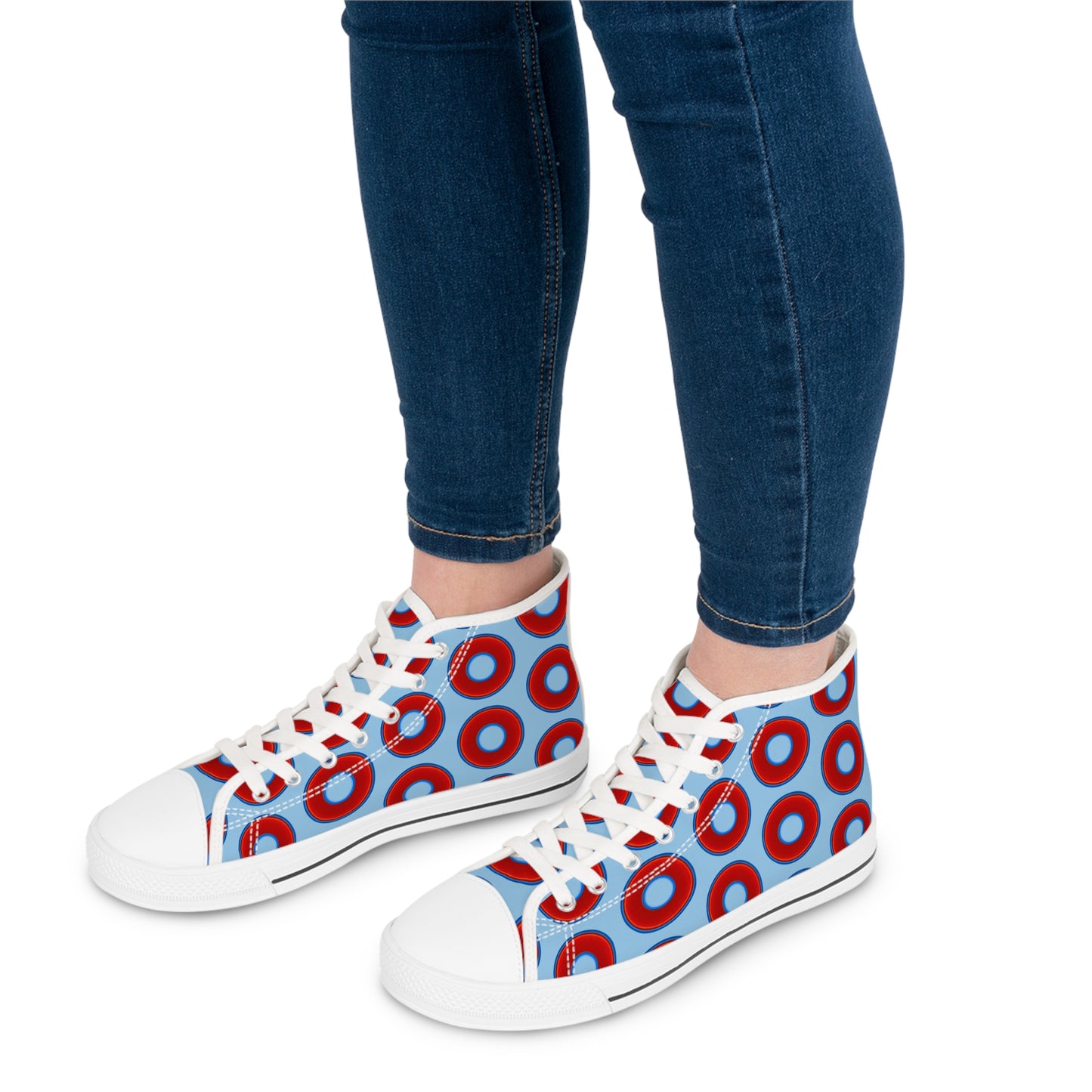 Women's High Top Chuck Taylors - large vivid red donut print w/light blue background