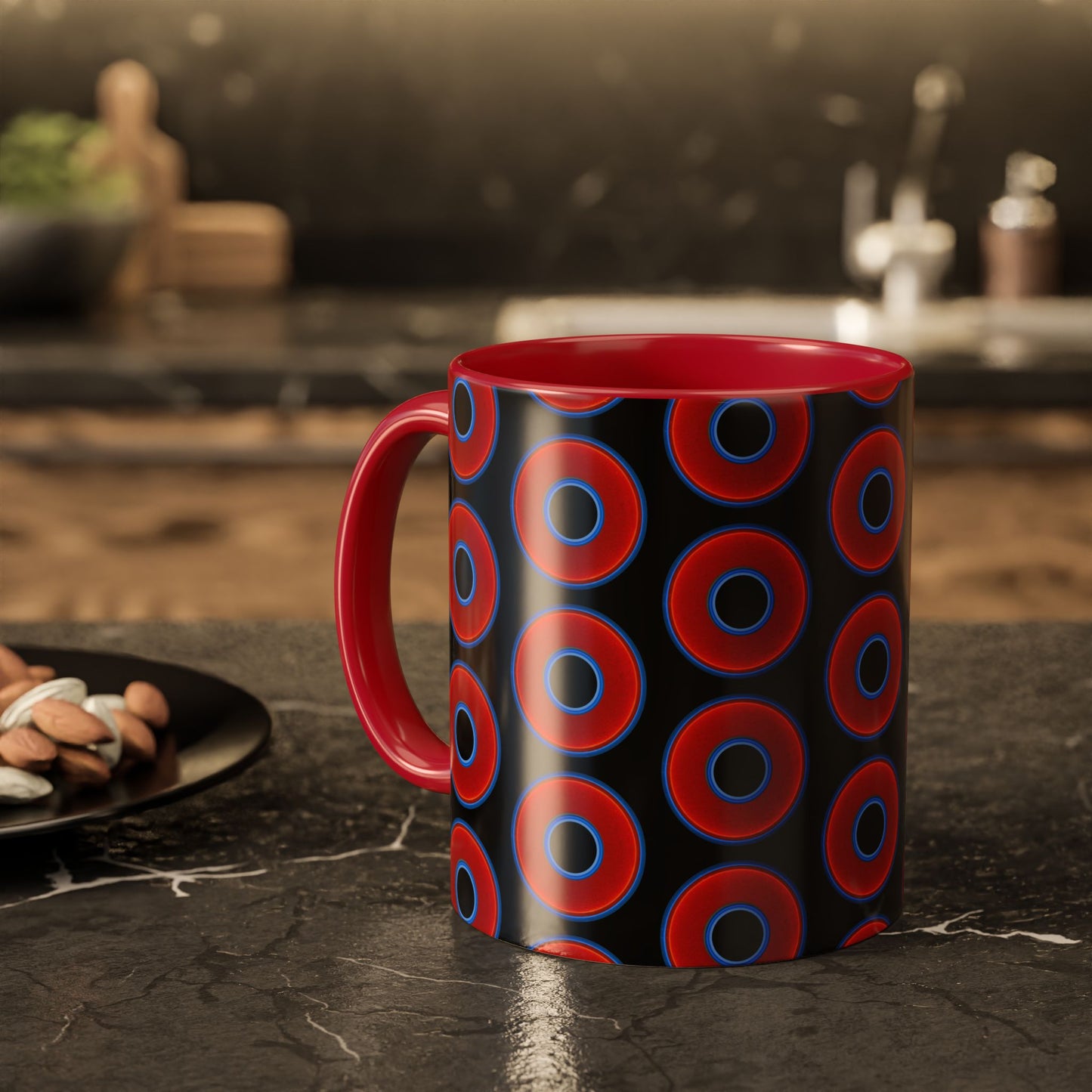 Lump's Grumpy Coffee Mug - vivid red donuts w/black background